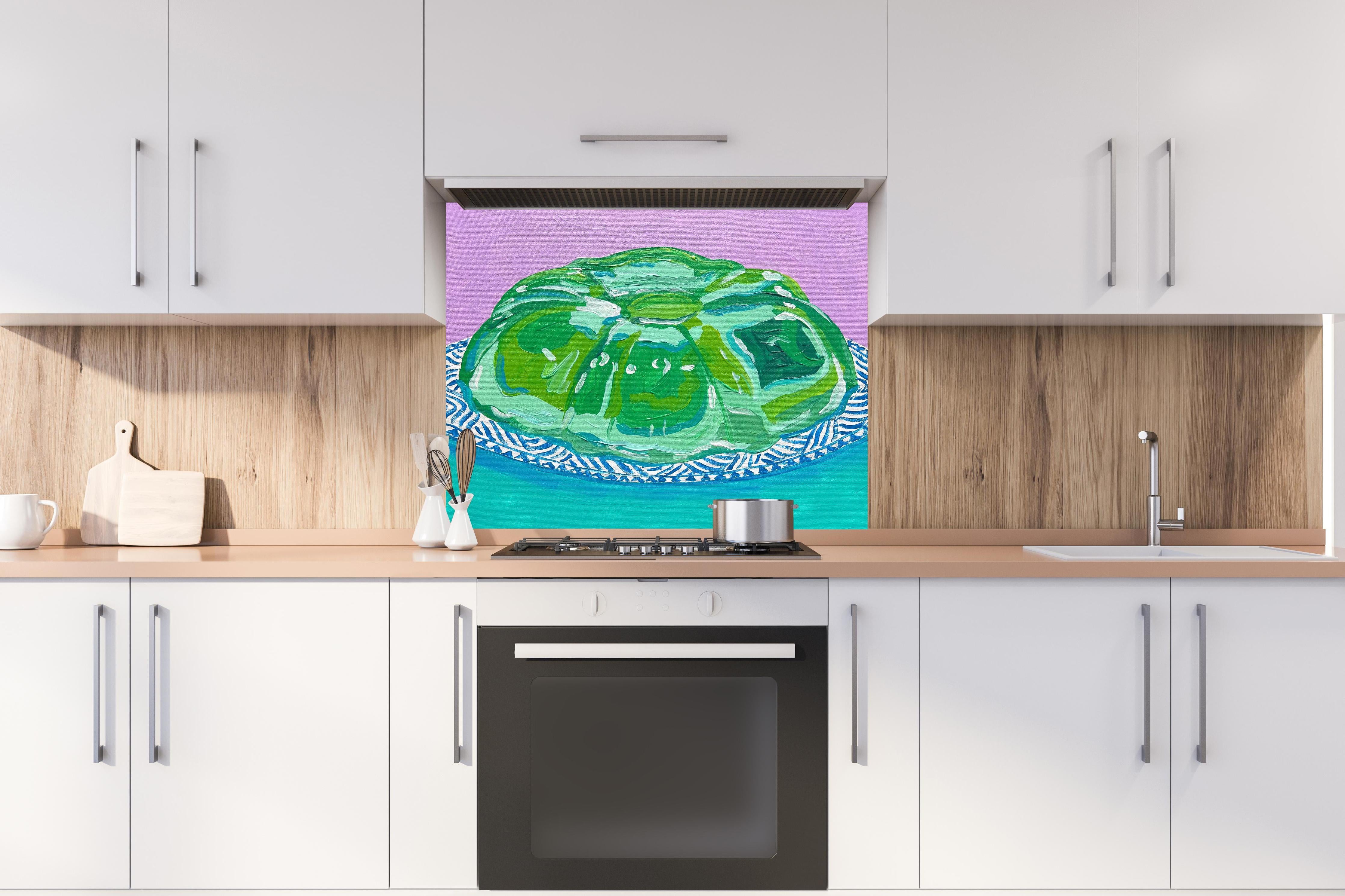 Spritzschutz - Wackelpudding - Acryl Gemälde hinter einem Cerankochfeld zwischen Holz-Kochutensilien