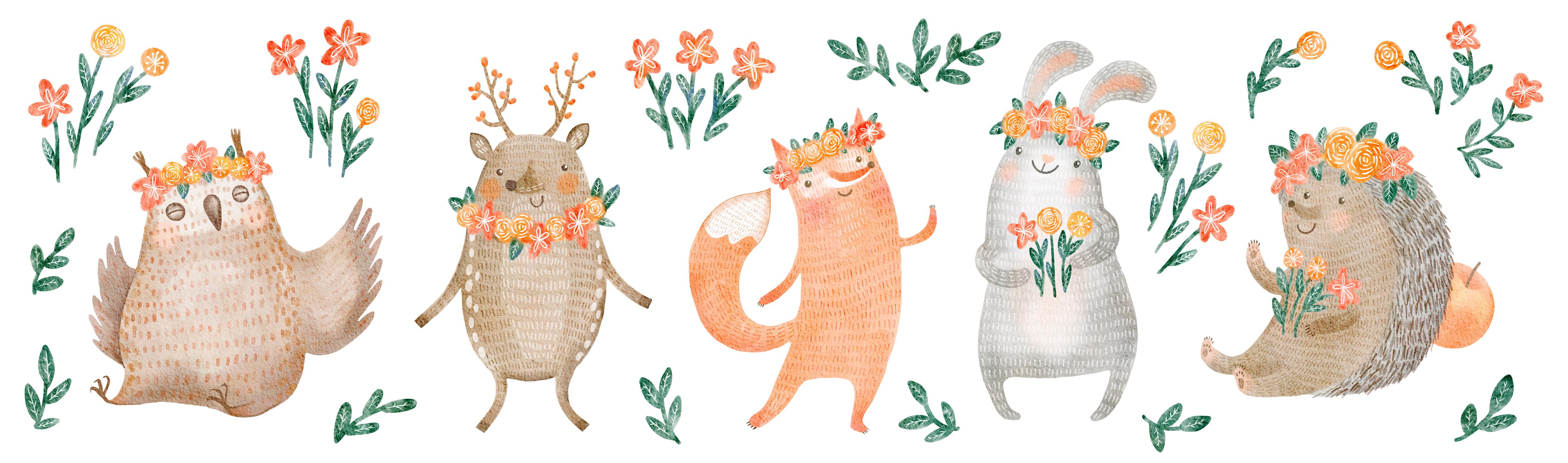 Spritzschutz-Waldtiere mit Blumen und Blättern