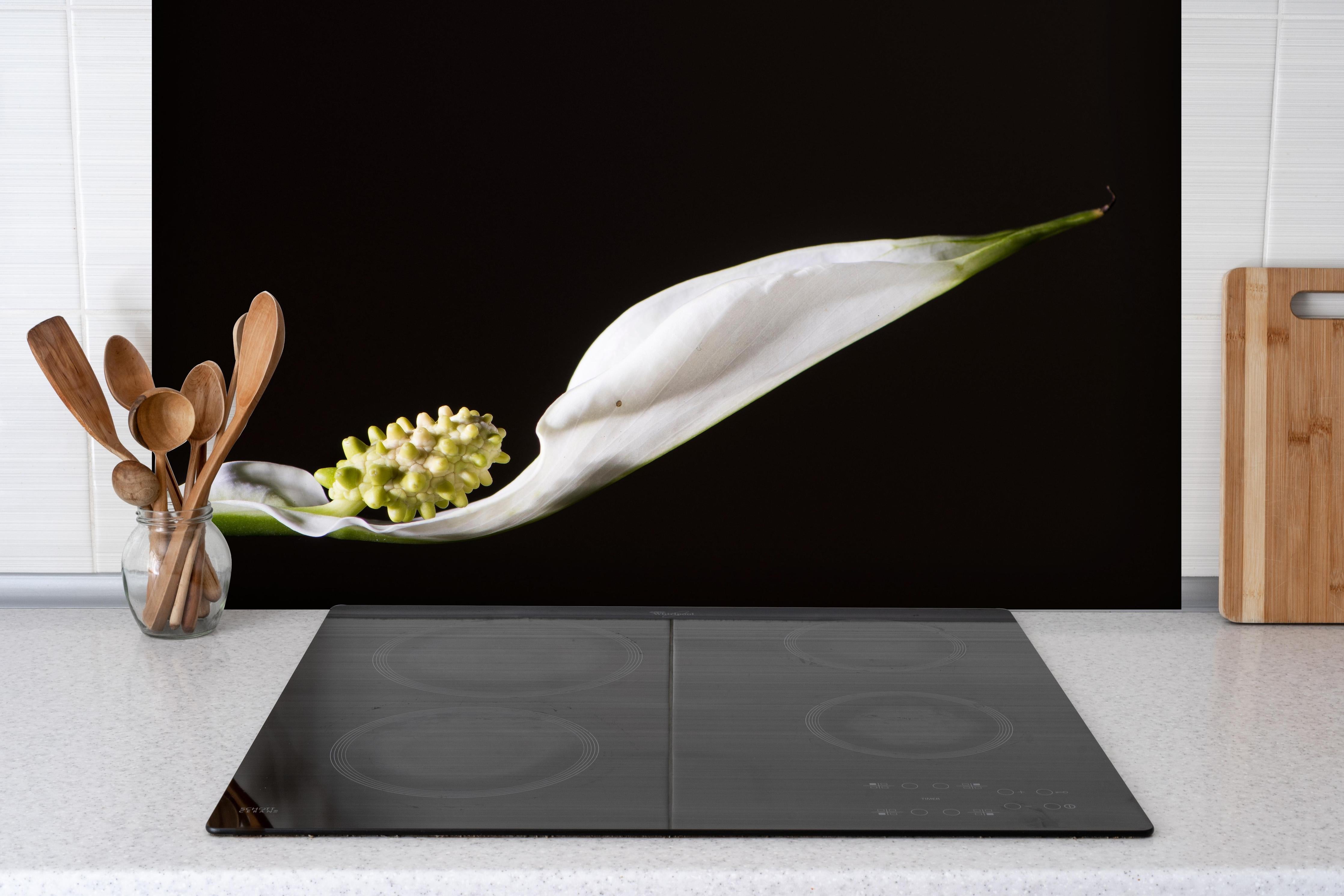 Spritzschutz - Weiße Blume auf schwarzem Hintergrund hinter einem Cerankochfeld zwischen Holz-Kochutensilien