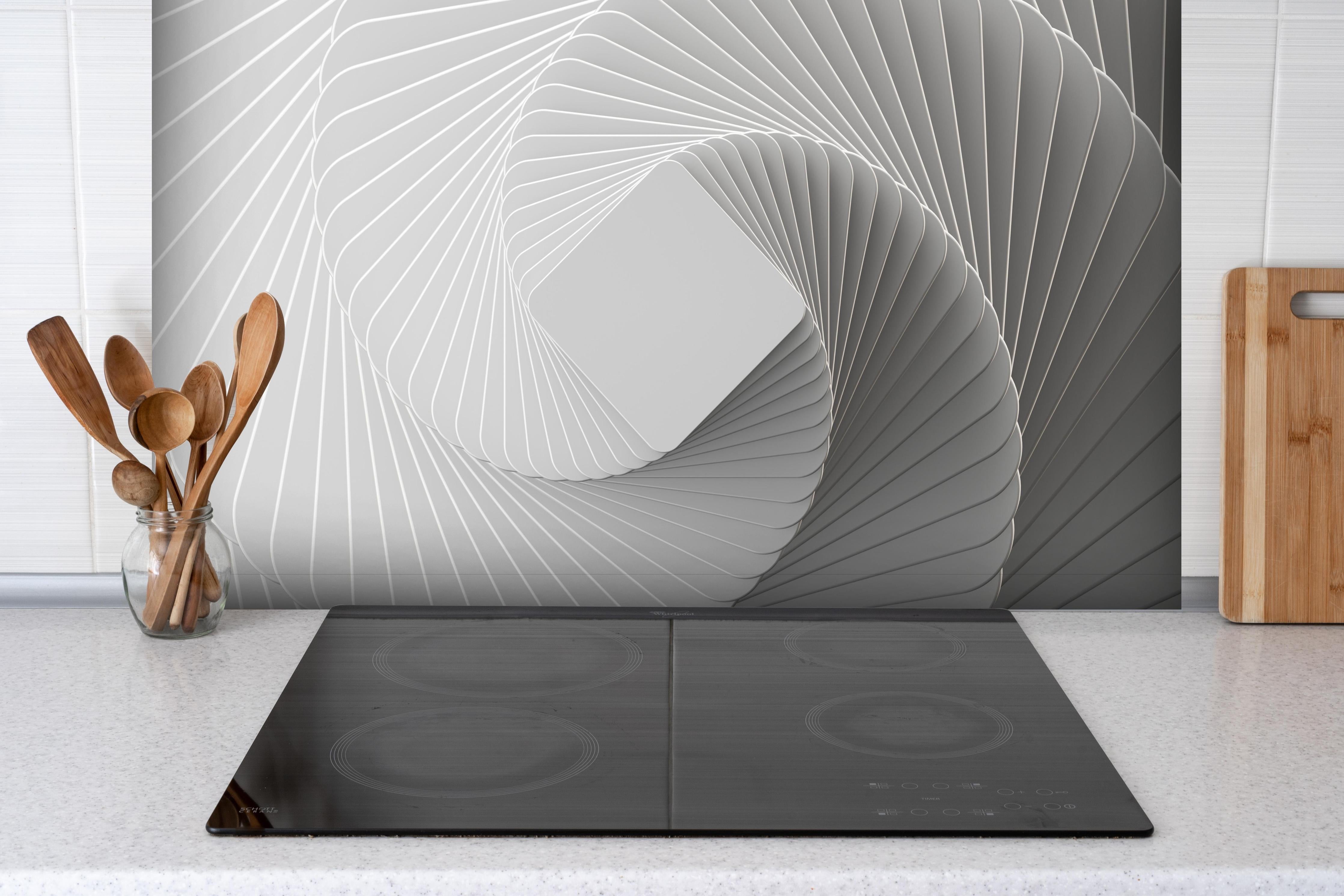 Spritzschutz - Weiße Quadrate - Illusion hinter einem Cerankochfeld zwischen Holz-Kochutensilien