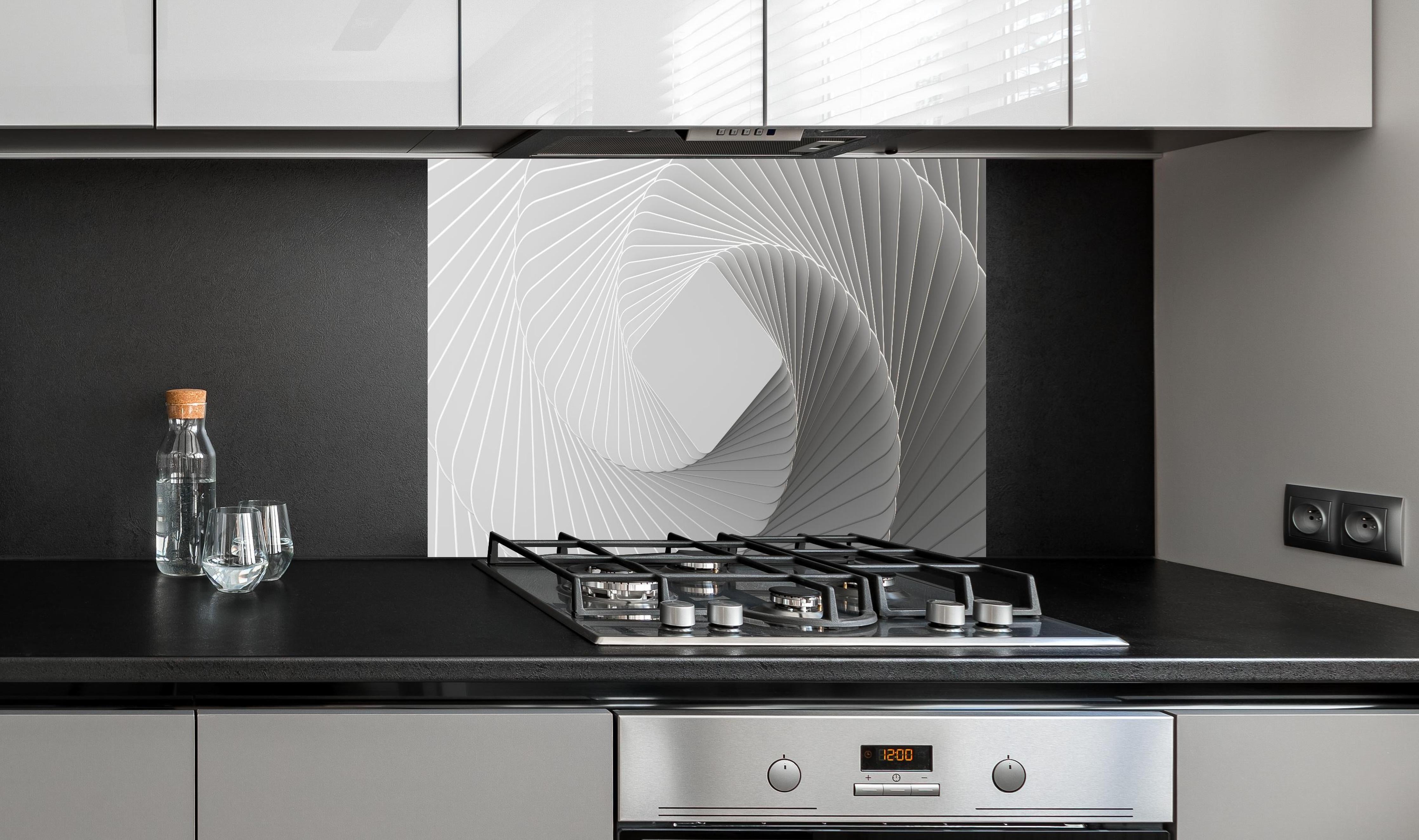 Spritzschutz - Weiße Quadrate - Illusion hinter einem Cerankochfeld zwischen Holz-Kochutensilien