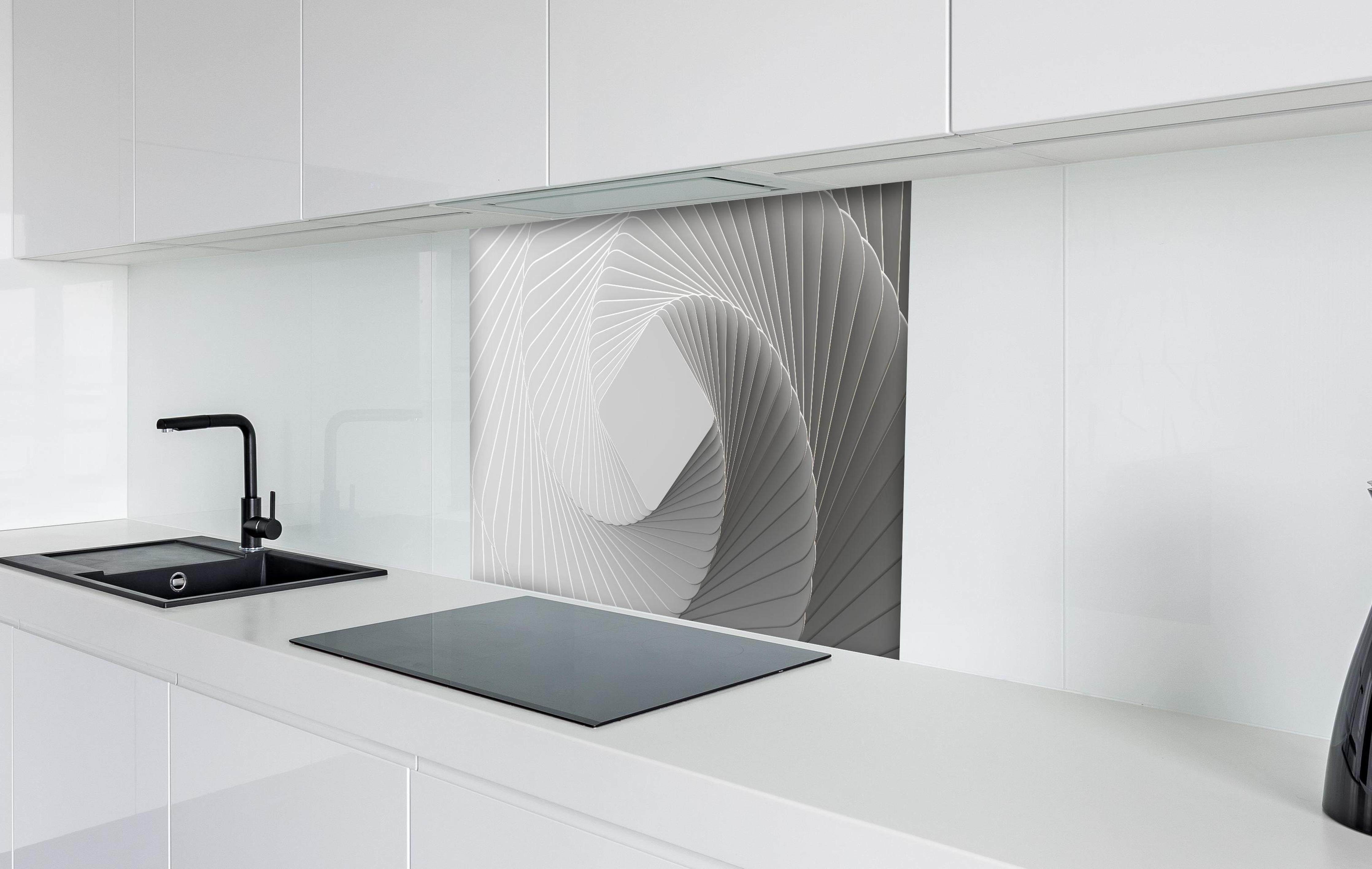 Spritzschutz - Weiße Quadrate - Illusion hinter einem Cerankochfeld zwischen Holz-Kochutensilien