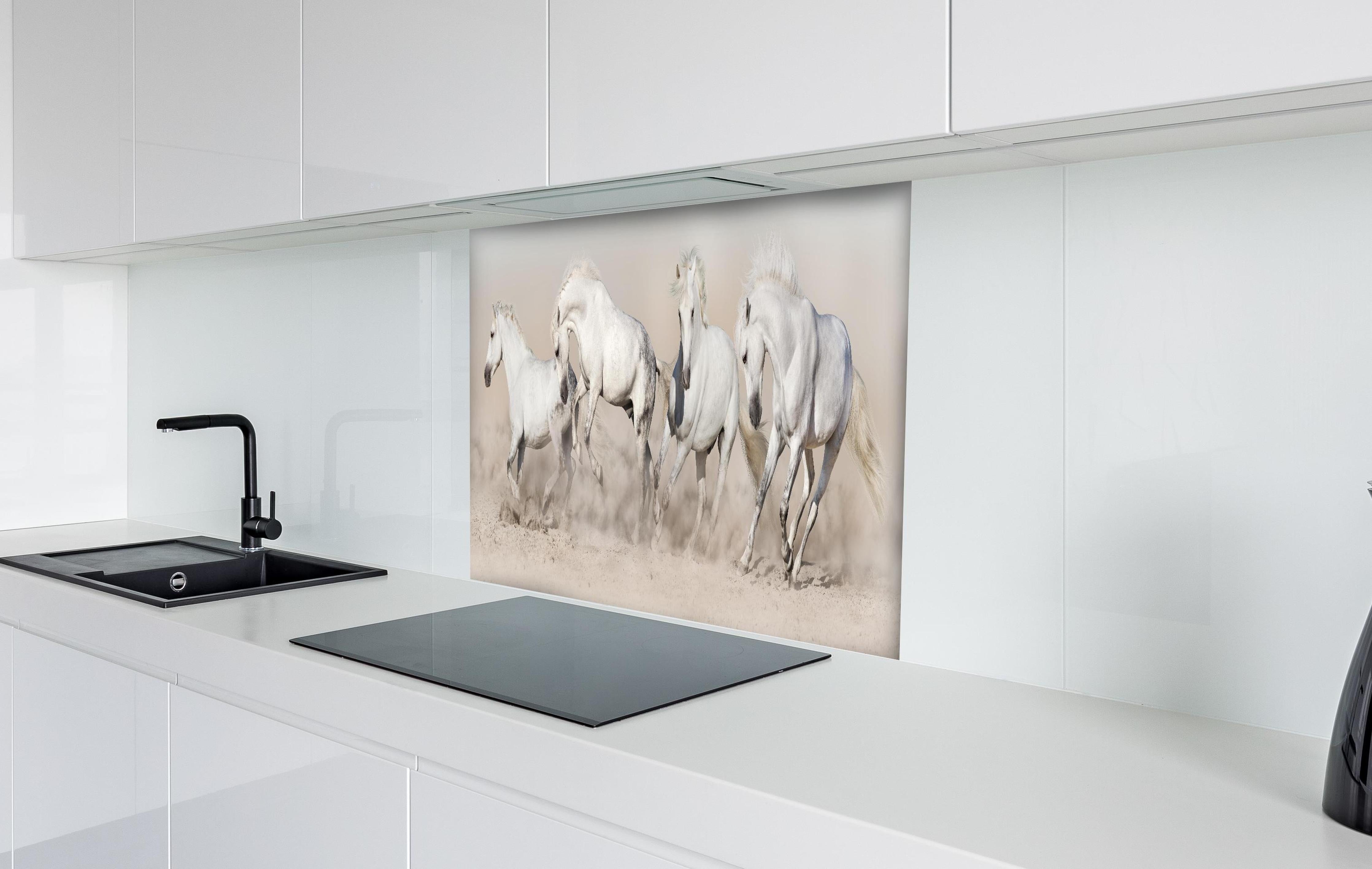 Spritzschutz - Weiße Wildpferde Staubwolke Wüste hinter einem Cerankochfeld zwischen Holz-Kochutensilien