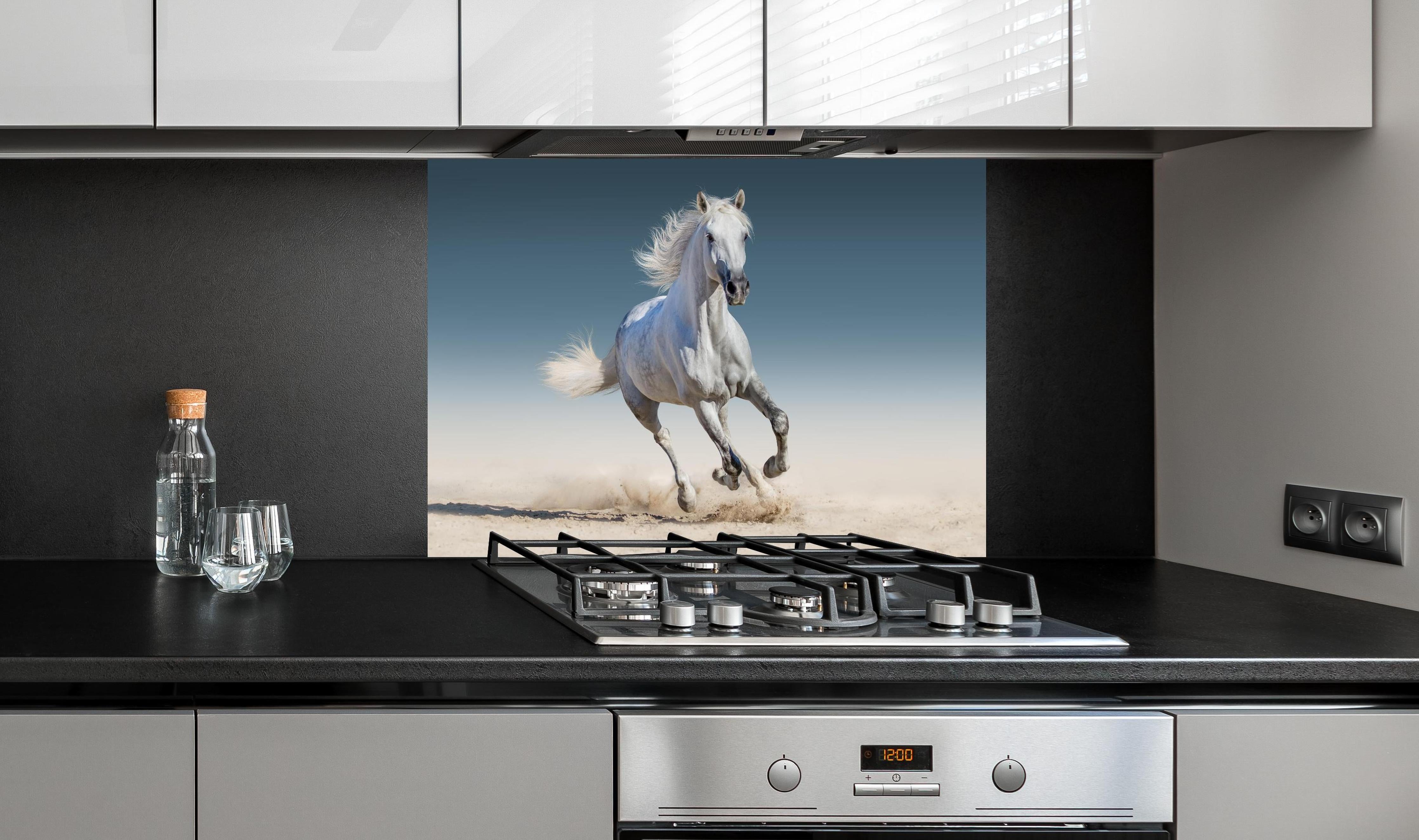 Spritzschutz - Weißes Pferd im Galopp auf Sand hinter einem Cerankochfeld zwischen Holz-Kochutensilien