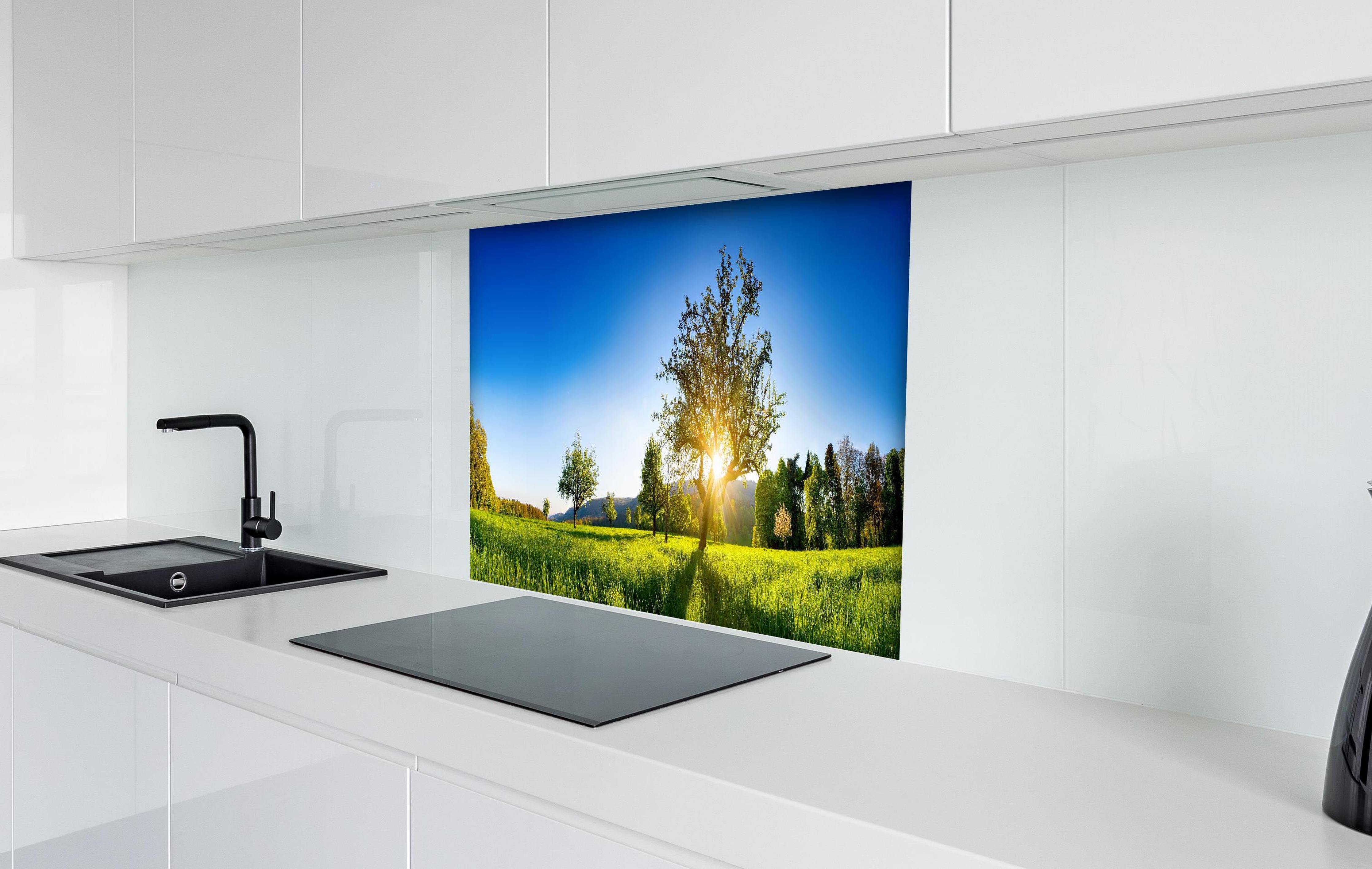 Spritzschutz - Weite Landschaft unter klarem blauem Himmel hinter einem Cerankochfeld zwischen Holz-Kochutensilien