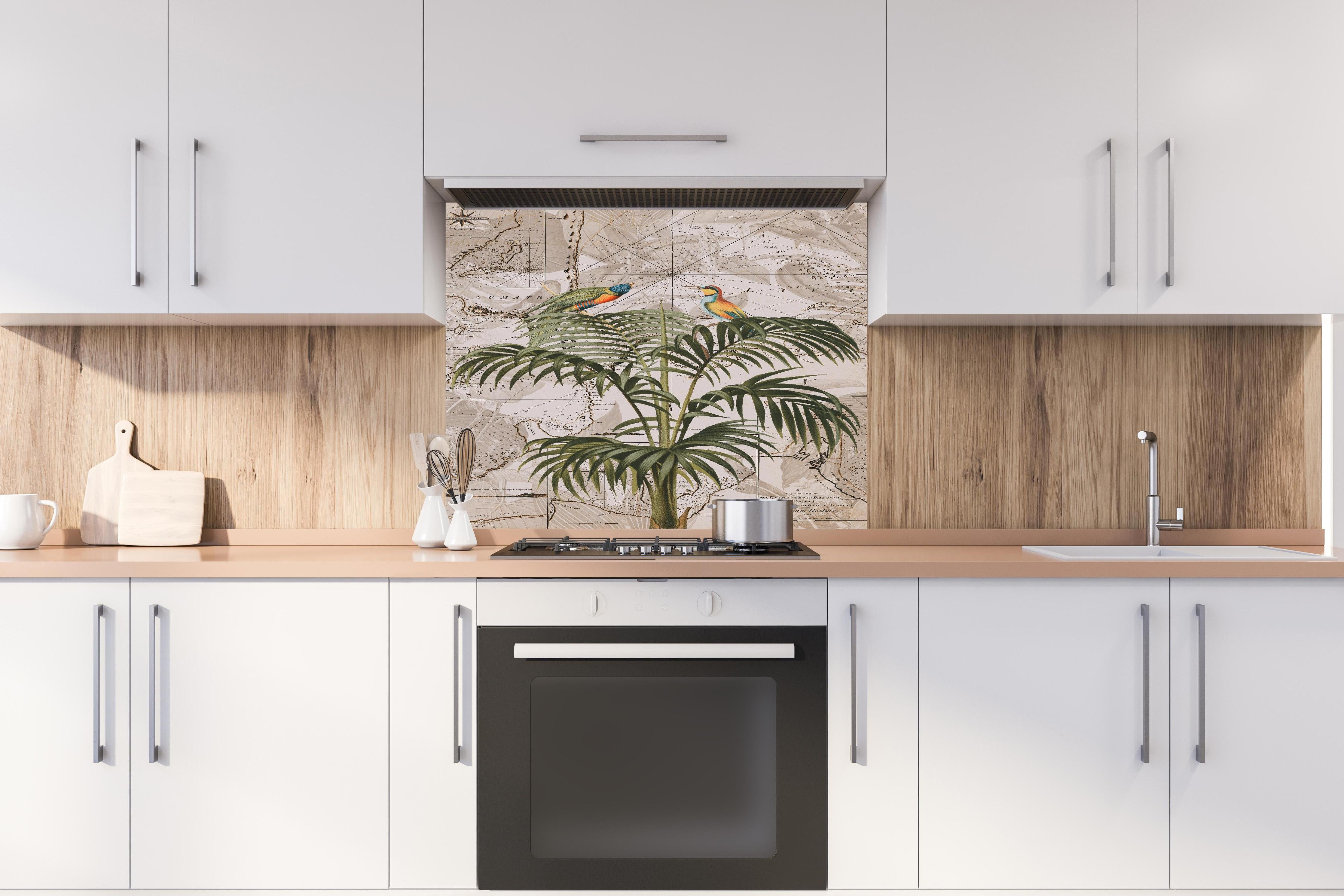 Spritzschutz - Weltkarte - Tropische Pflanze hinter einem Cerankochfeld zwischen Holz-Kochutensilien