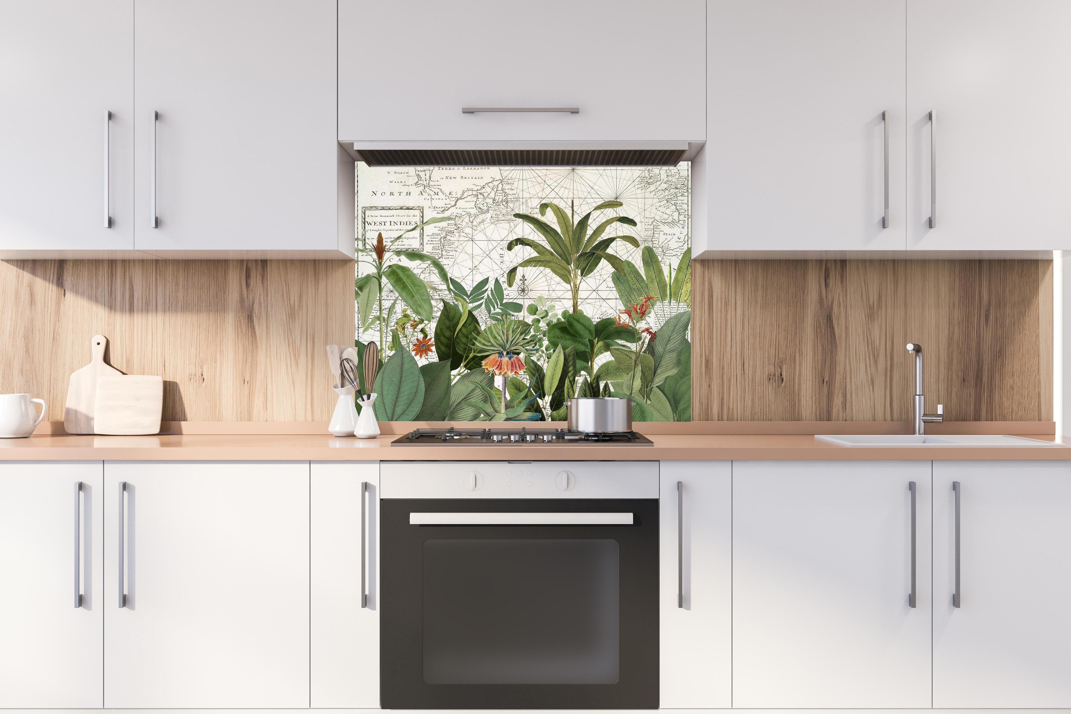 Spritzschutz - Weltkarte mit exotischen Pflanzen hinter einem Cerankochfeld zwischen Holz-Kochutensilien