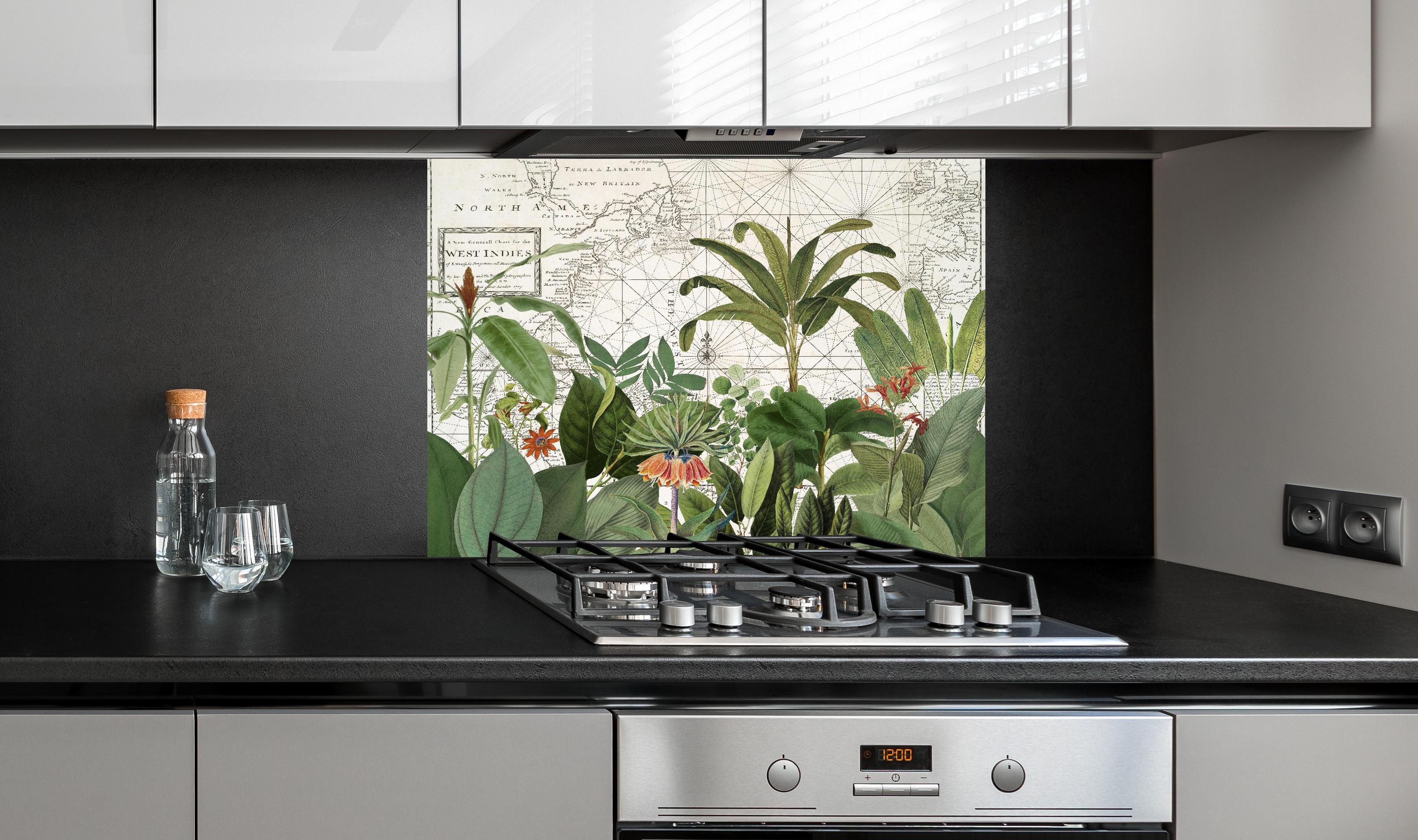 Spritzschutz - Weltkarte mit exotischen Pflanzen hinter einem Cerankochfeld zwischen Holz-Kochutensilien
