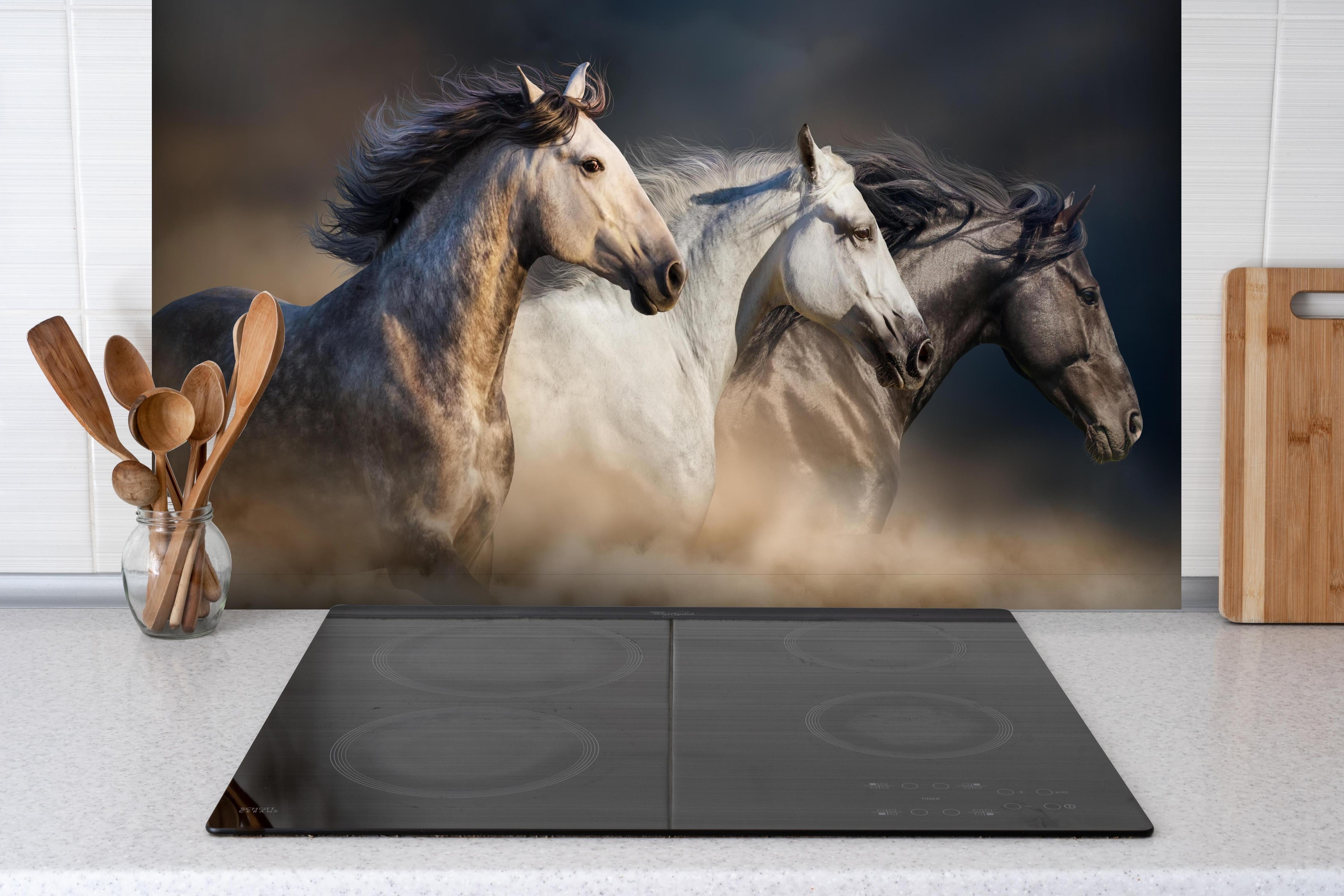 Spritzschutz - Wild Pferde mit Mähnen im Galopp, Staubwolke hinter einem Cerankochfeld zwischen Holz-Kochutensilien