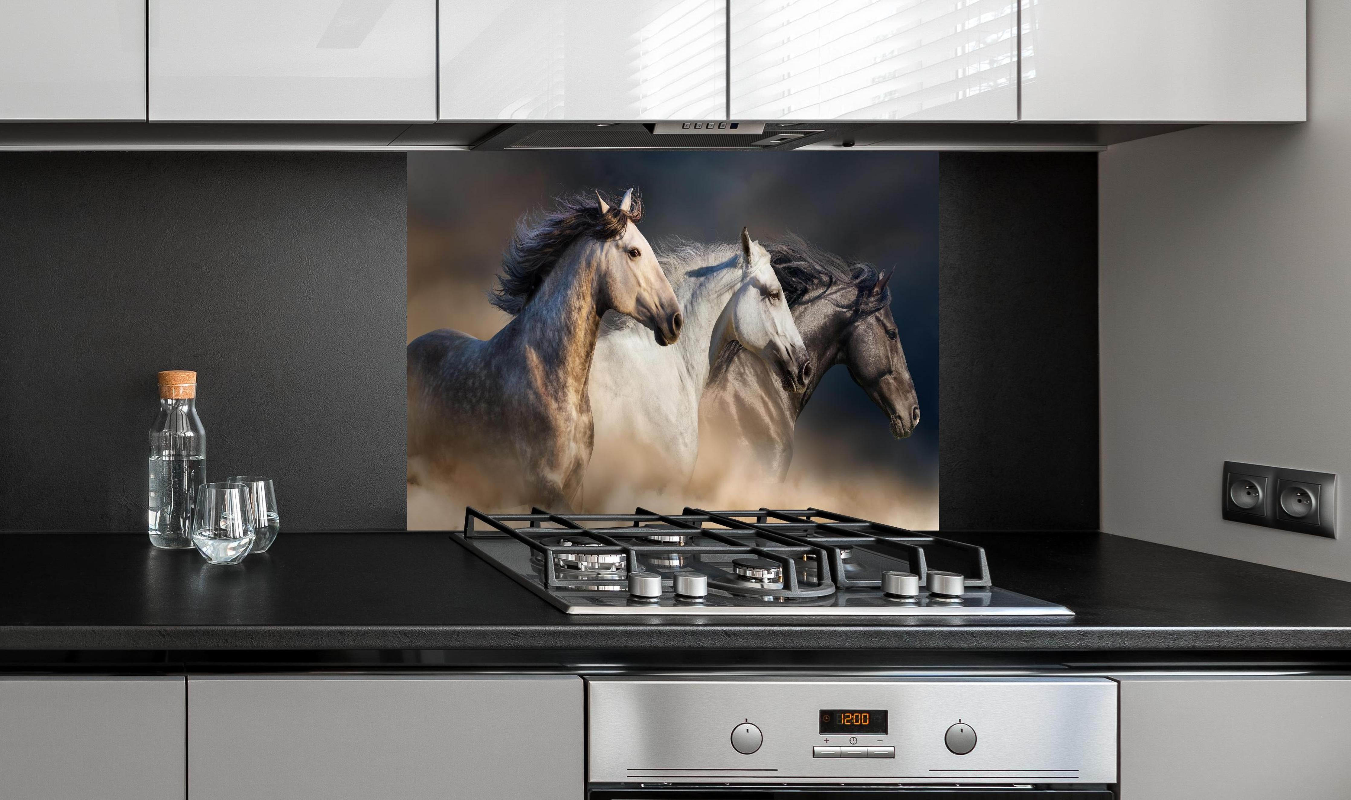 Spritzschutz - Wild Pferde mit Mähnen im Galopp, Staubwolke hinter einem Cerankochfeld zwischen Holz-Kochutensilien