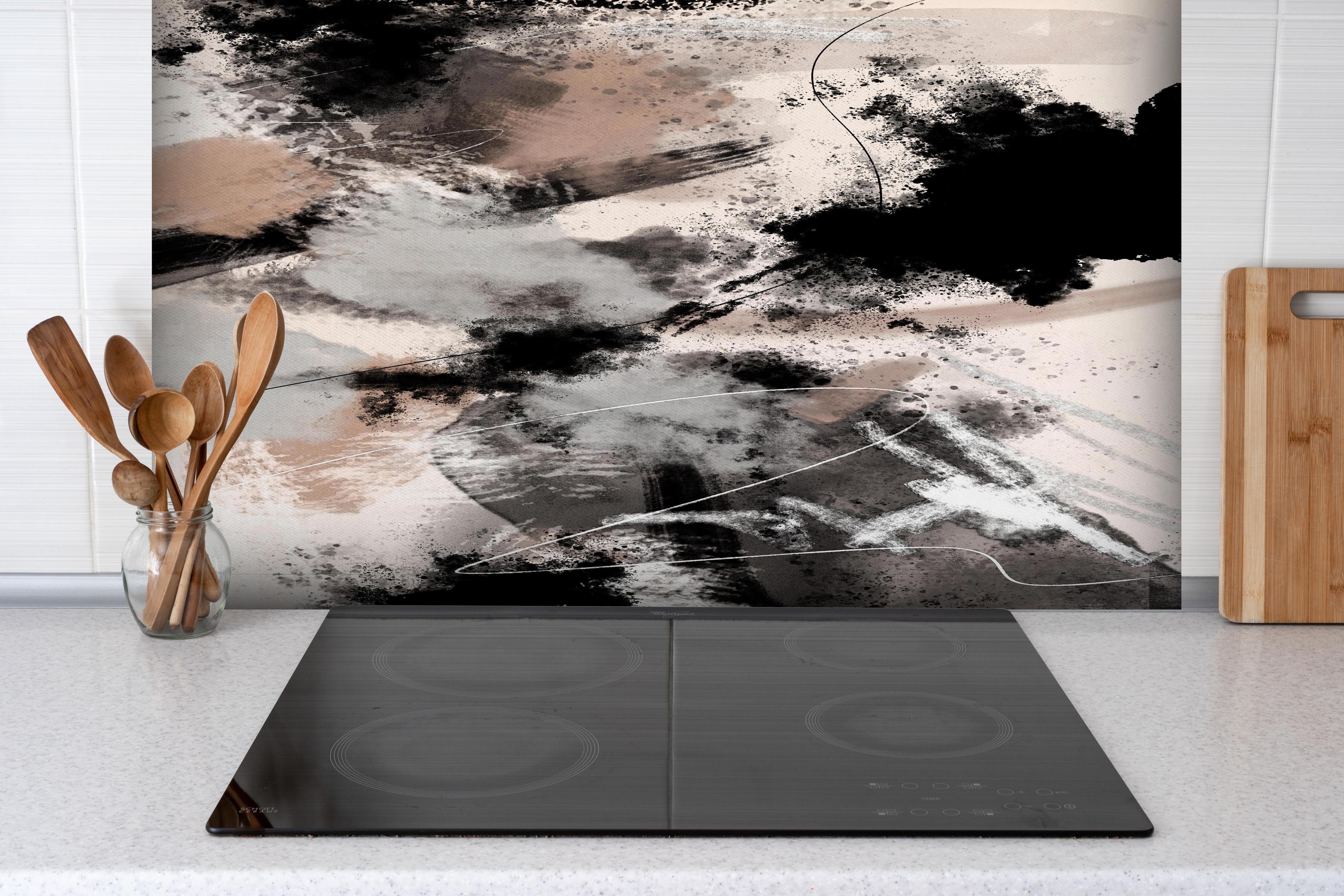 Spritzschutz - Wilder Sturm - Moderne Kunst hinter einem Cerankochfeld zwischen Holz-Kochutensilien