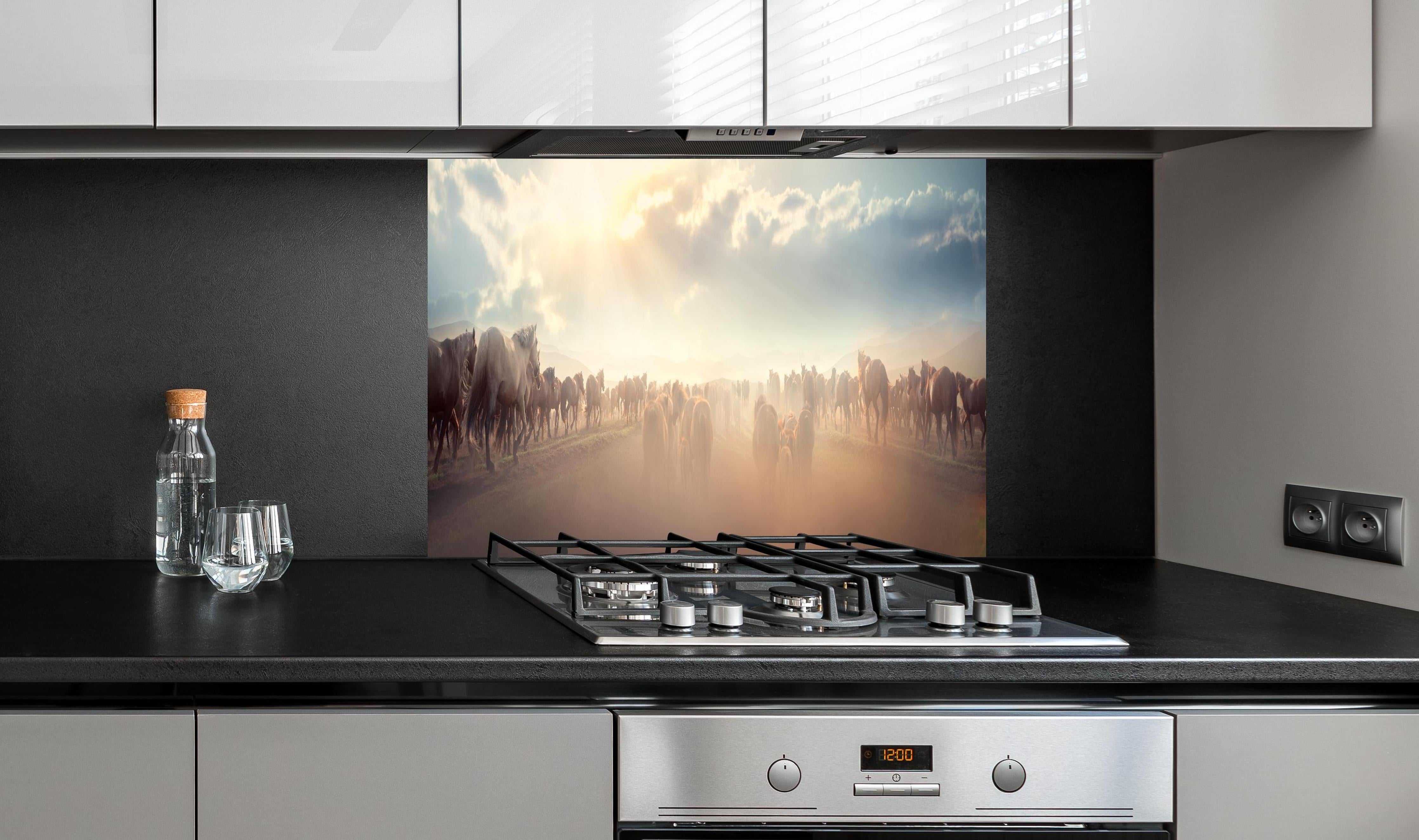 Spritzschutz - Wildpferde-Herde begegnet Sonnenuntergangspanorama hinter einem Cerankochfeld zwischen Holz-Kochutensilien