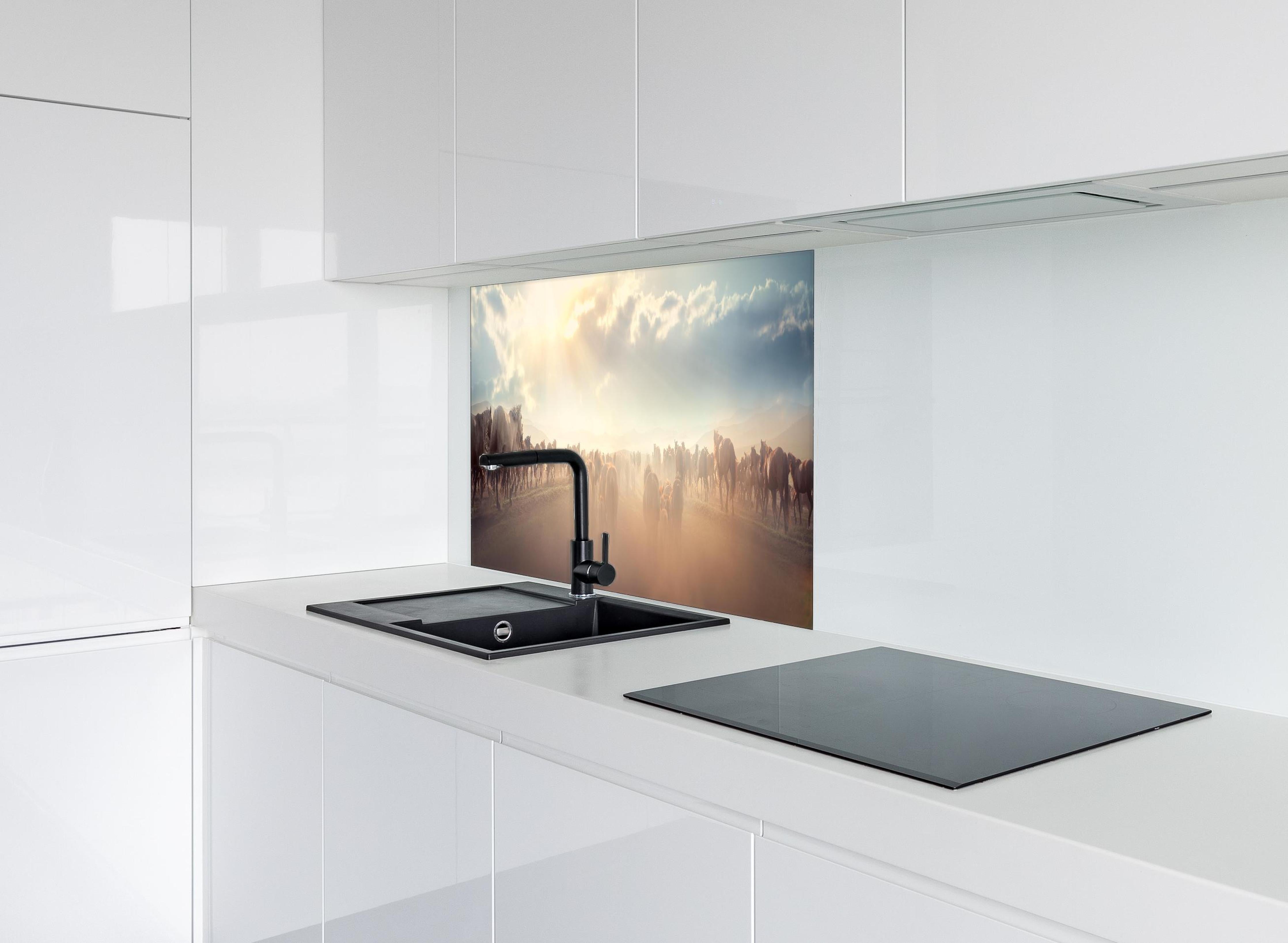 Spritzschutz - Wildpferde-Herde begegnet Sonnenuntergangspanorama hinter einem Cerankochfeld zwischen Holz-Kochutensilien