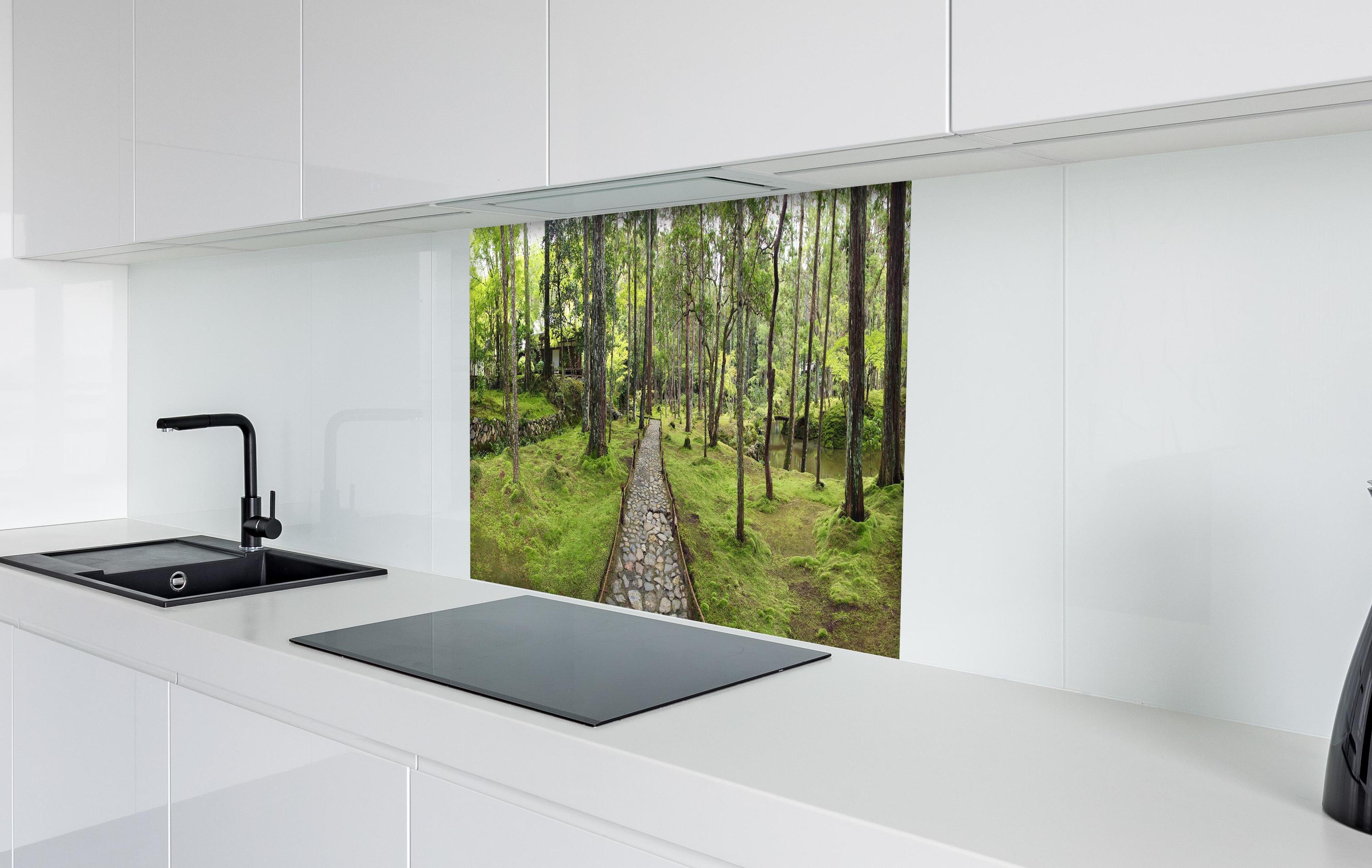 Spritzschutz - Wunderschöner Moosgarten in Kyoto hinter einem Cerankochfeld zwischen Holz-Kochutensilien