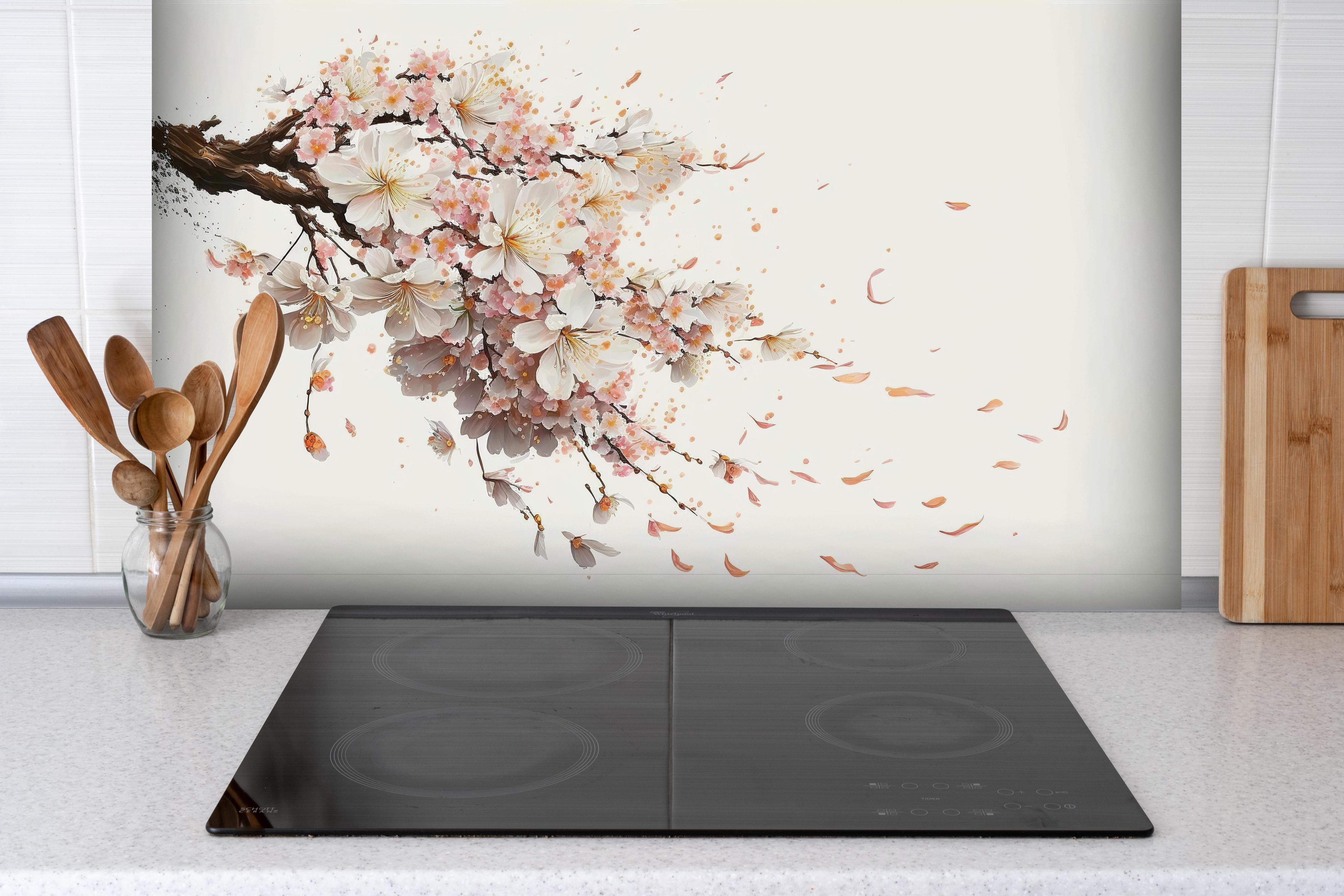 Spritzschutz - Zarter Sakura Zweig mit Blütenfall hinter einem Cerankochfeld zwischen Holz-Kochutensilien