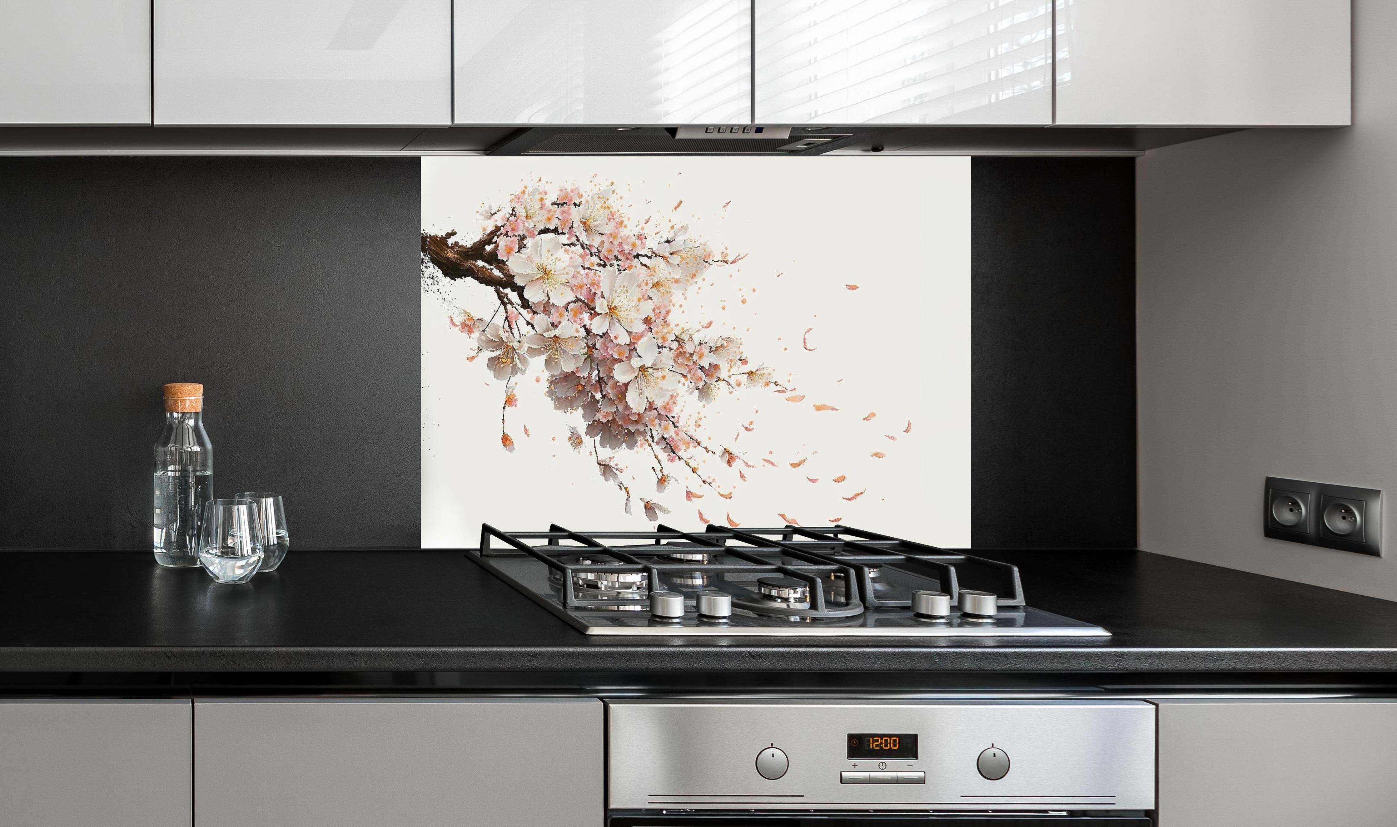 Spritzschutz - Zarter Sakura Zweig mit Blütenfall hinter einem Cerankochfeld zwischen Holz-Kochutensilien