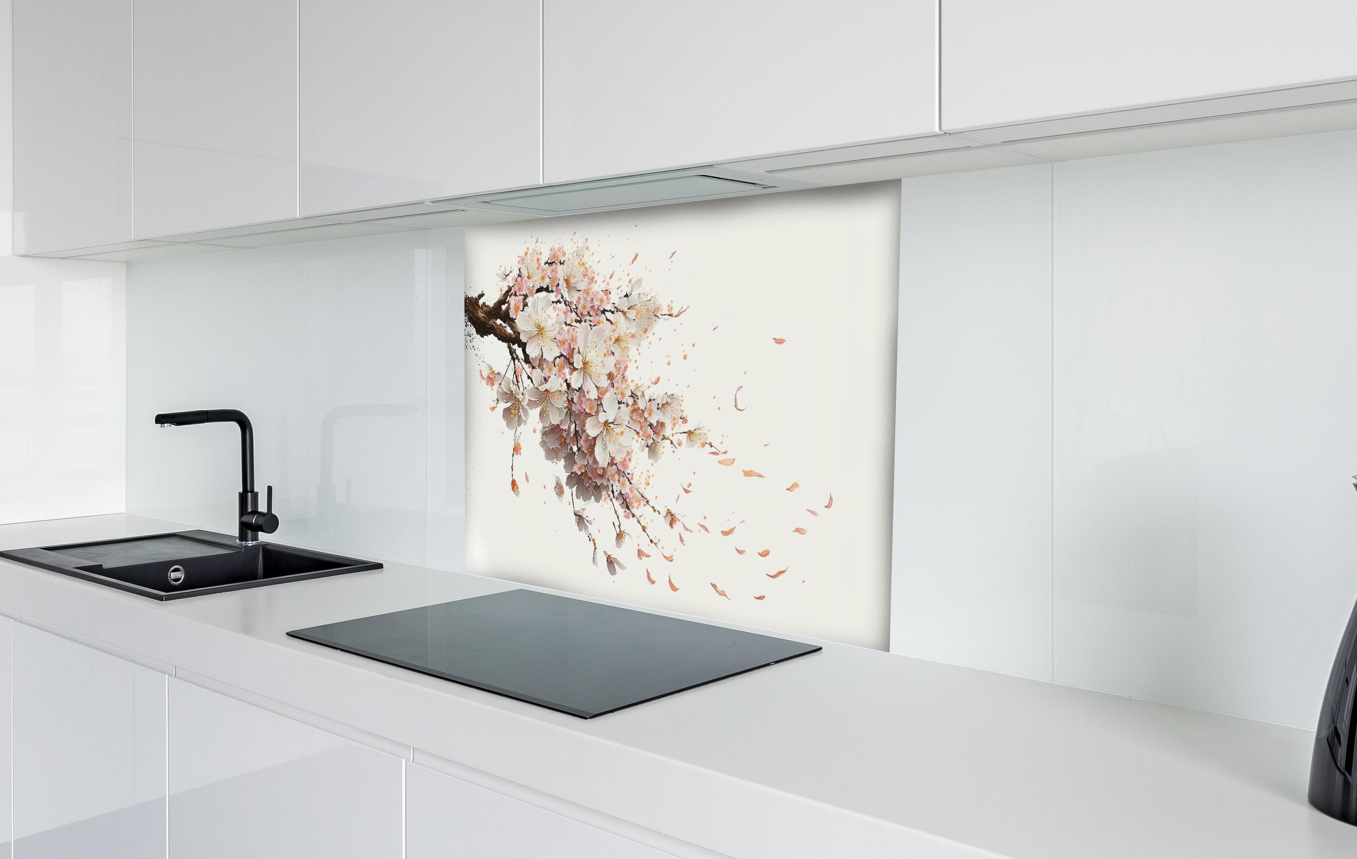 Spritzschutz - Zarter Sakura Zweig mit Blütenfall hinter einem Cerankochfeld zwischen Holz-Kochutensilien
