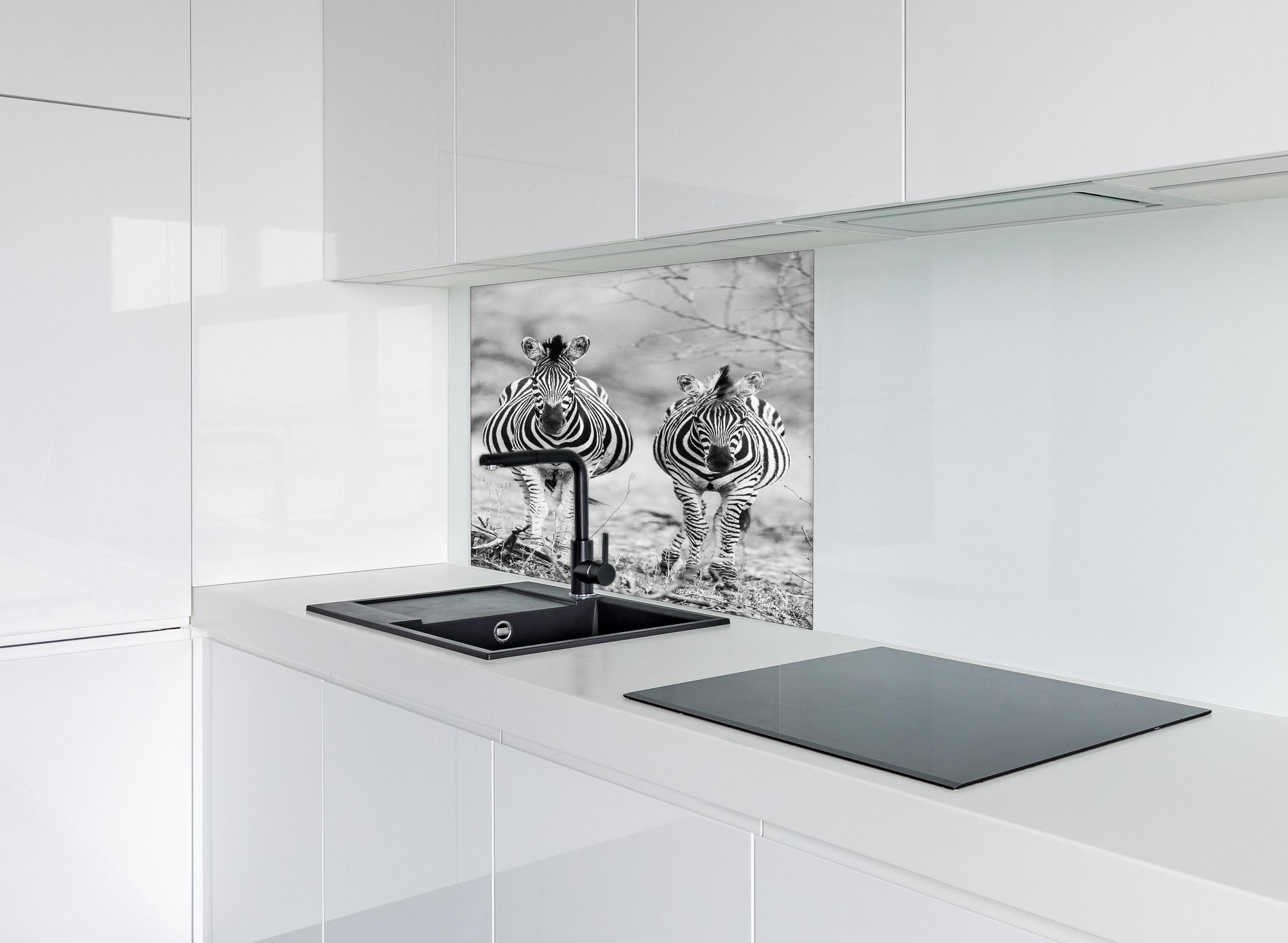 Spritzschutz - Zebrapaar in Schwarz-Weiß-Kontrast hinter einem Cerankochfeld zwischen Holz-Kochutensilien