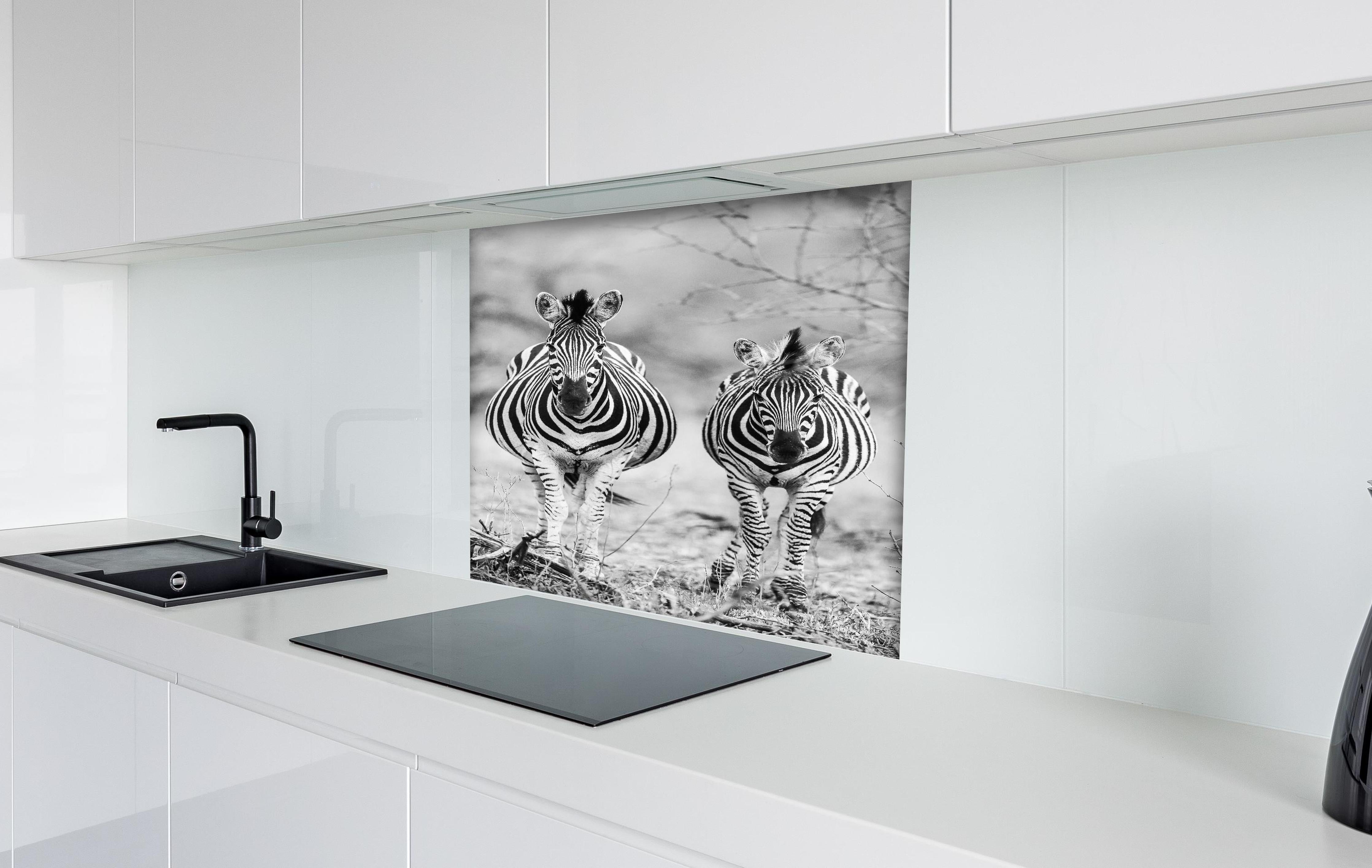 Spritzschutz - Zebrapaar in Schwarz-Weiß-Kontrast hinter einem Cerankochfeld zwischen Holz-Kochutensilien