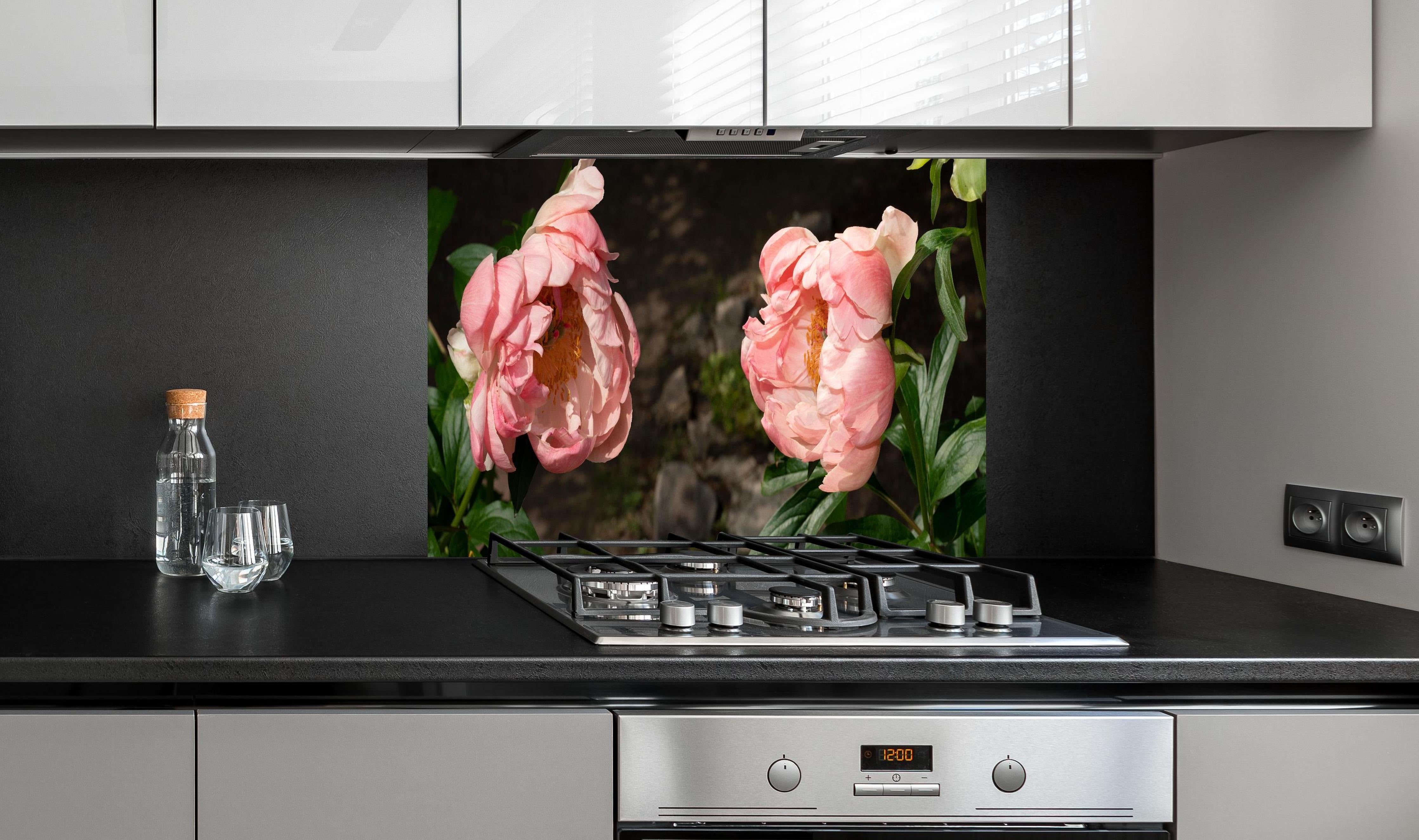 Spritzschutz - Zwei rosa Pfingstrosen in einem alten Garten. hinter einem Cerankochfeld zwischen Holz-Kochutensilien