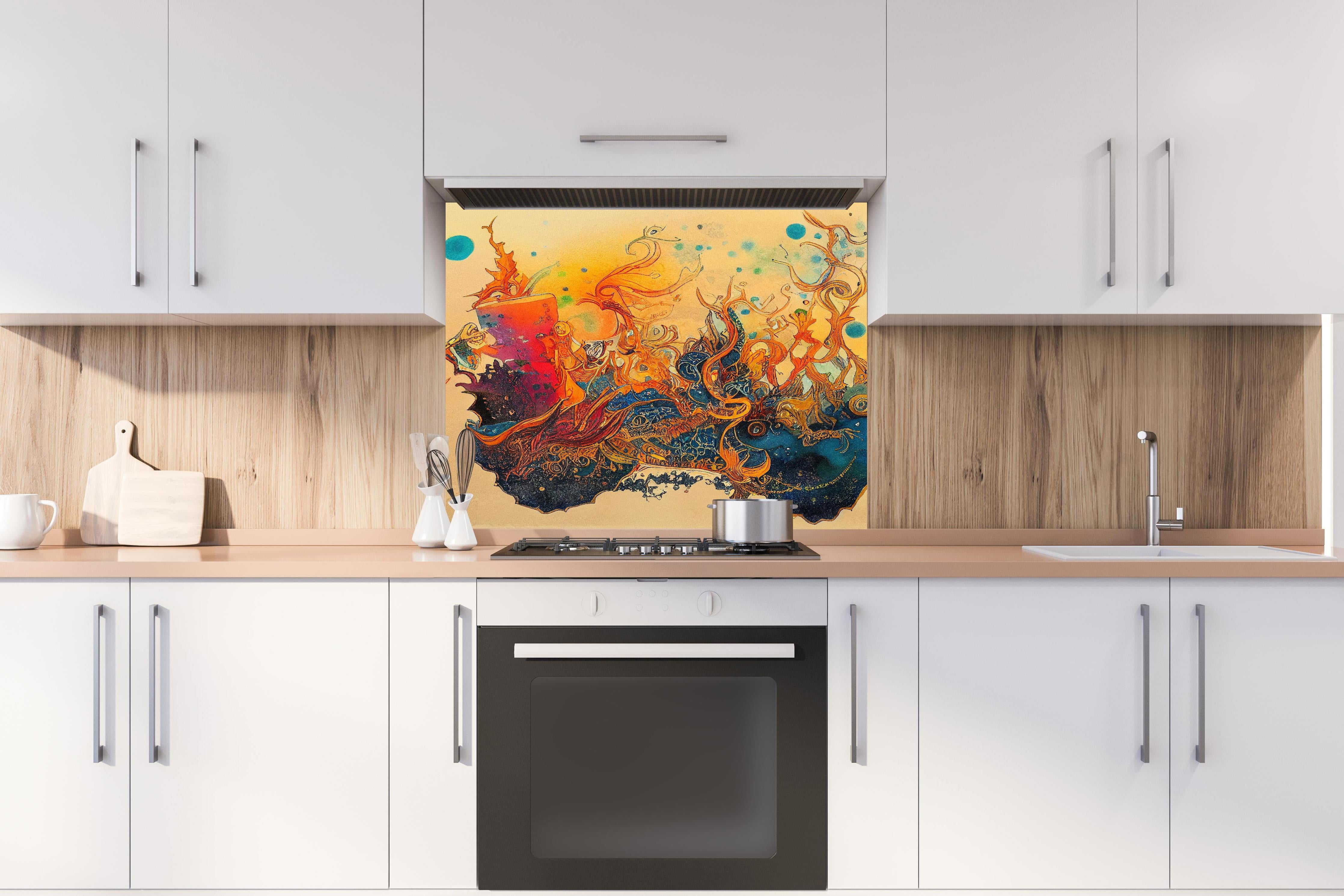Spritzschutz - abstrakte bunte Aquarell-Design Illustration hinter einem Cerankochfeld zwischen Holz-Kochutensilien