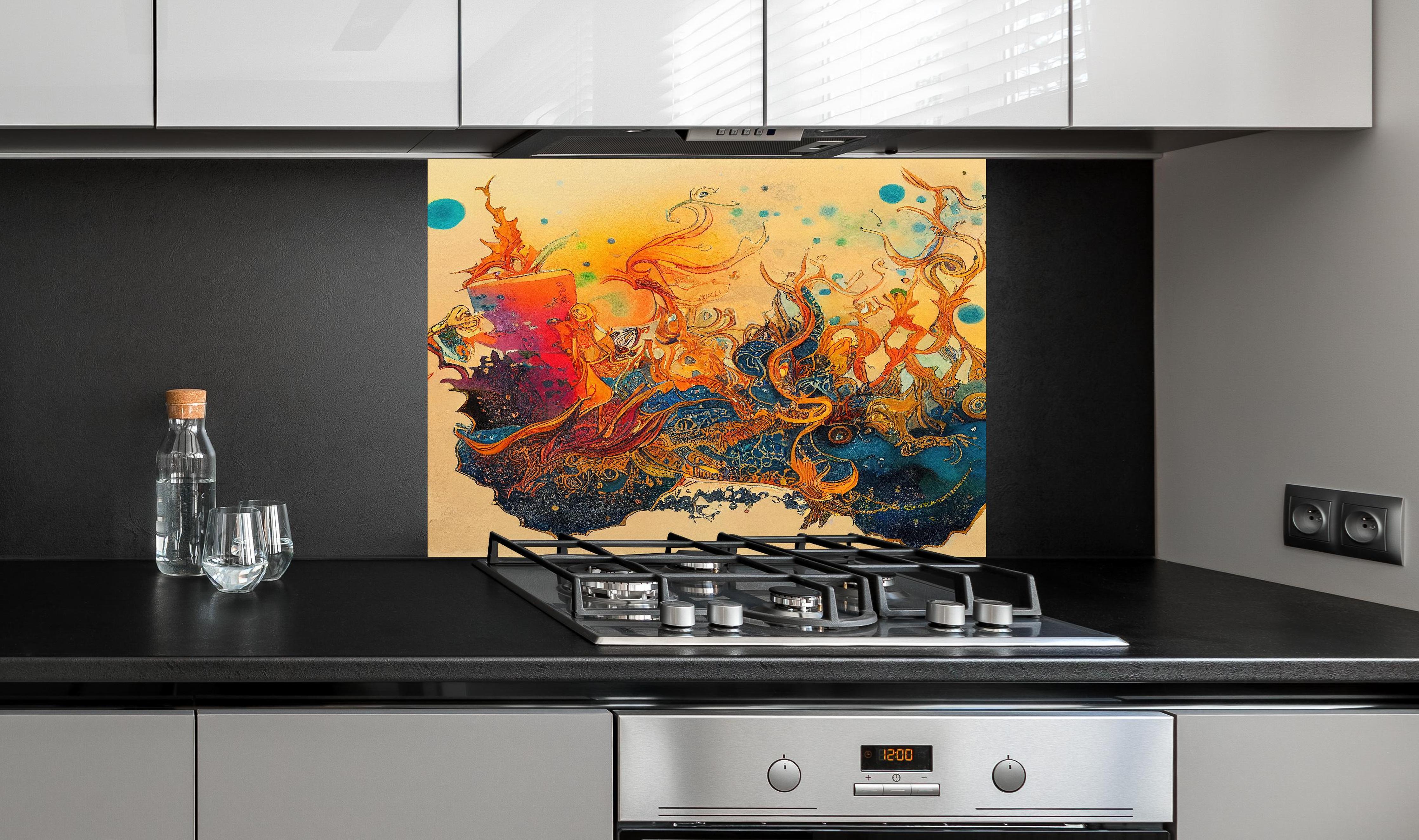 Spritzschutz - abstrakte bunte Aquarell-Design Illustration hinter einem Cerankochfeld zwischen Holz-Kochutensilien