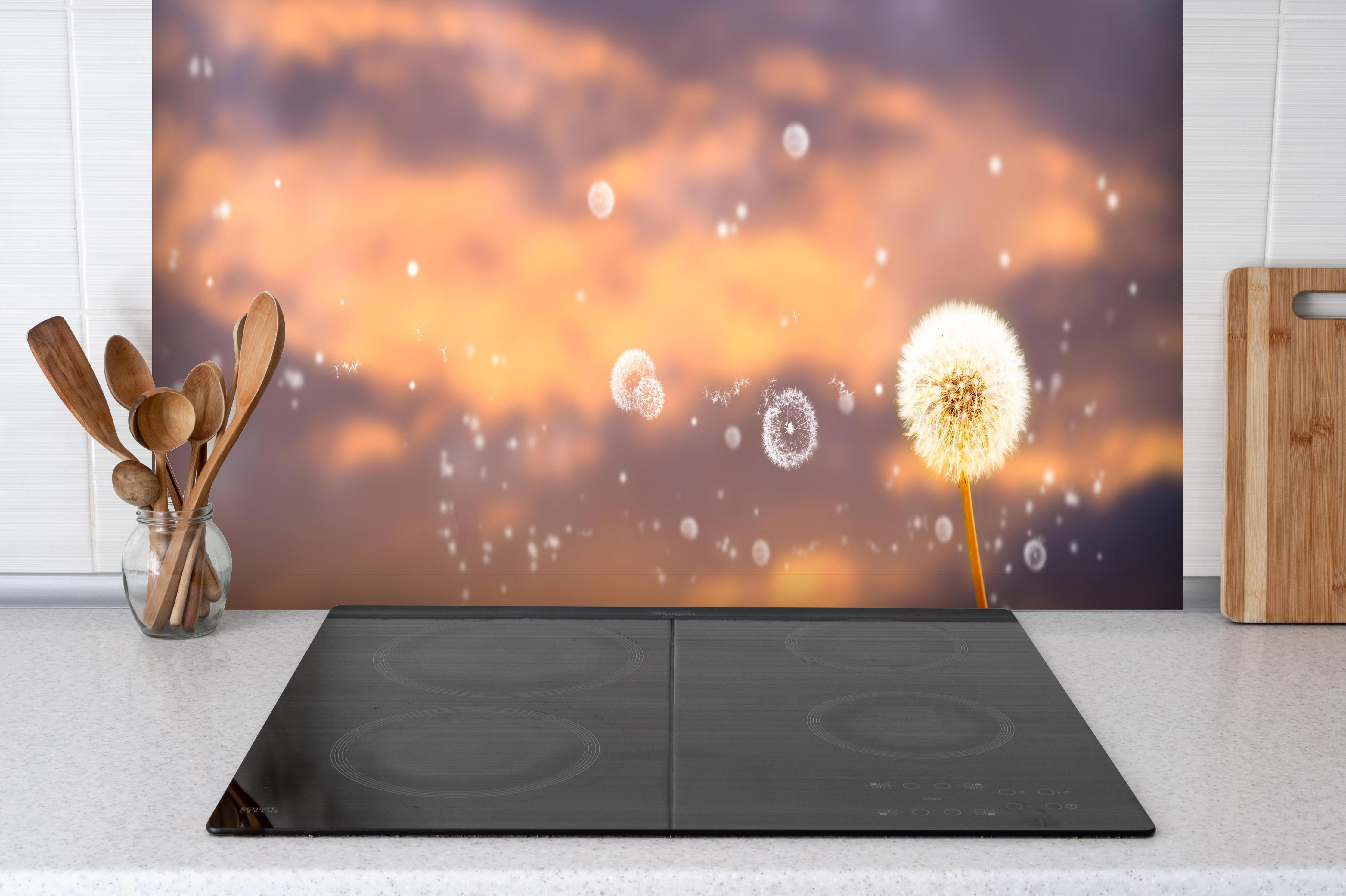 Spritzschutz - blütenstaub von pusteblumen in der abendsonne hinter einem Cerankochfeld zwischen Holz-Kochutensilien