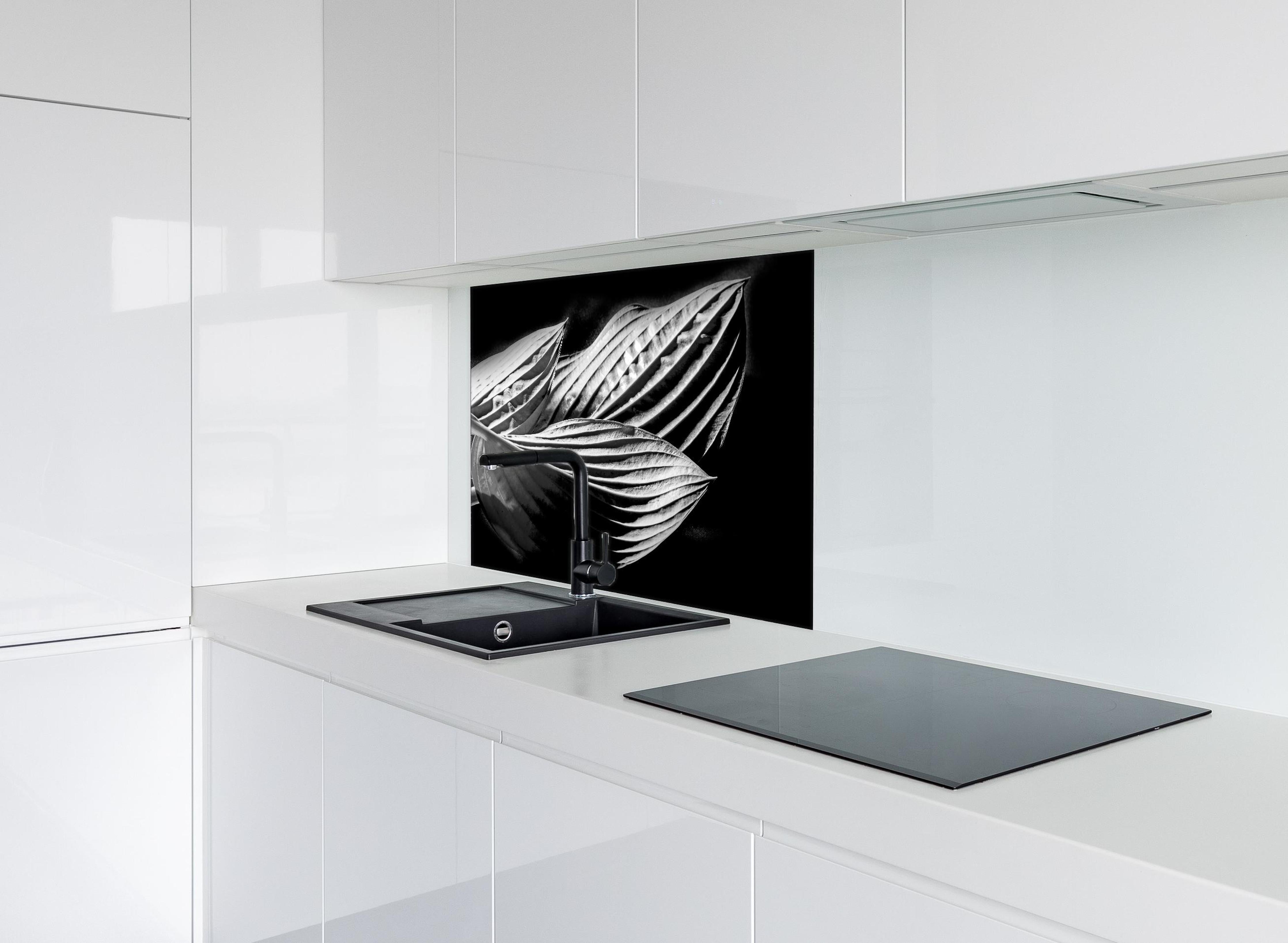 Spritzschutz - drei Blätter auf dunklem Hintergrund hinter einem Cerankochfeld zwischen Holz-Kochutensilien