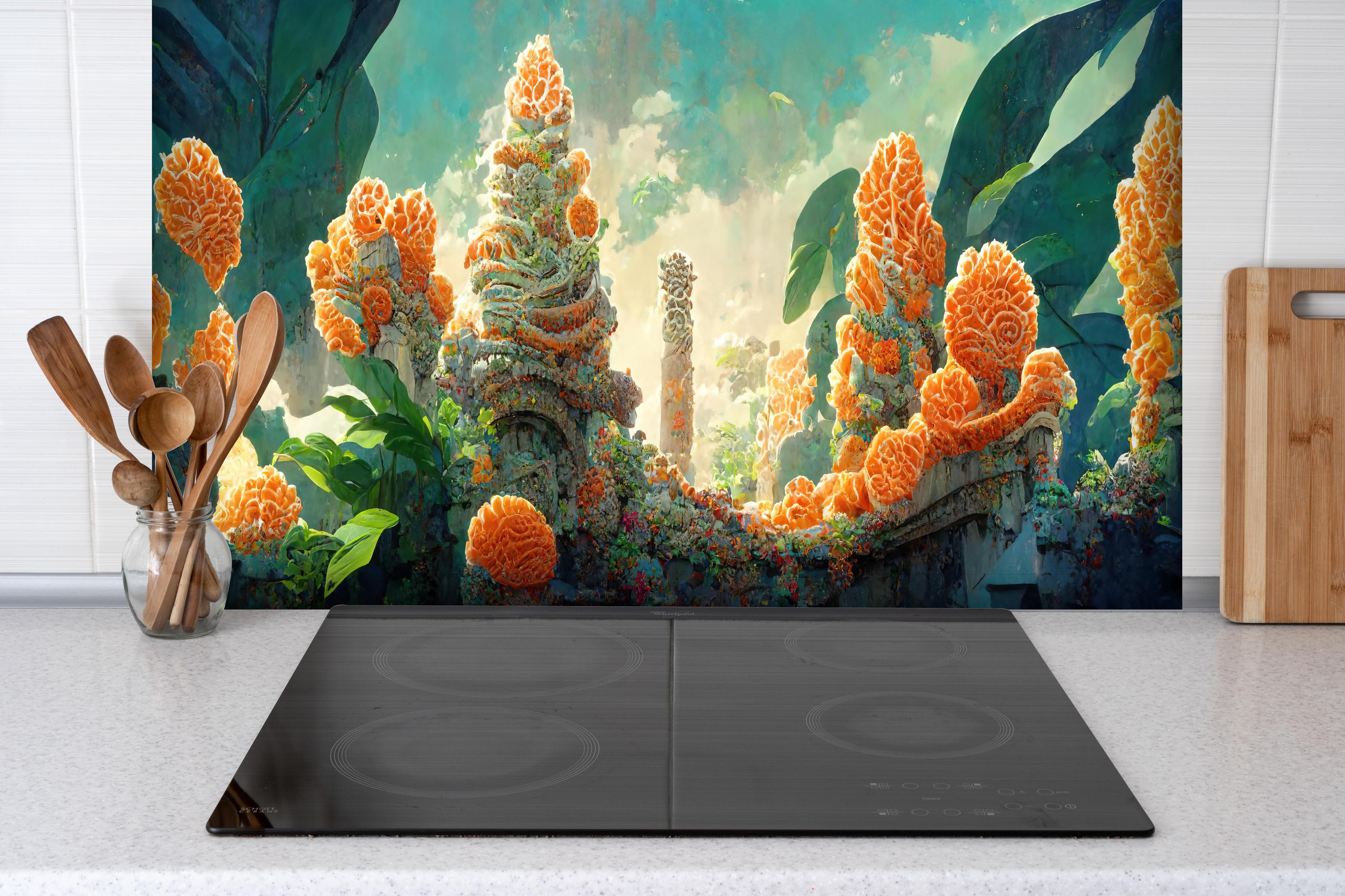 Spritzschutz - gelbe Blumen hinter einem Cerankochfeld zwischen Holz-Kochutensilien