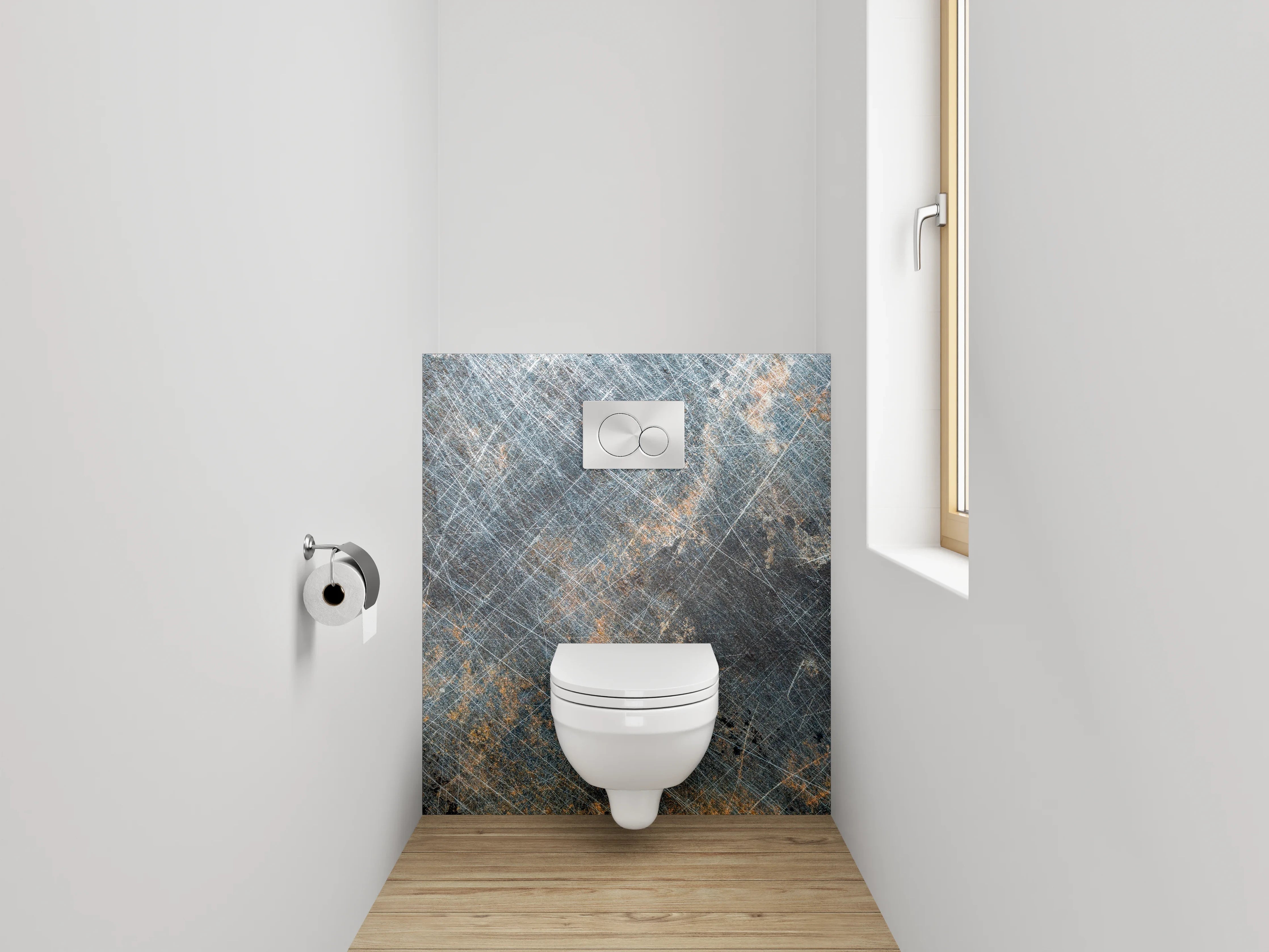 WC-Rückwand - Abgenutzte Metalloptik mit Kratzern