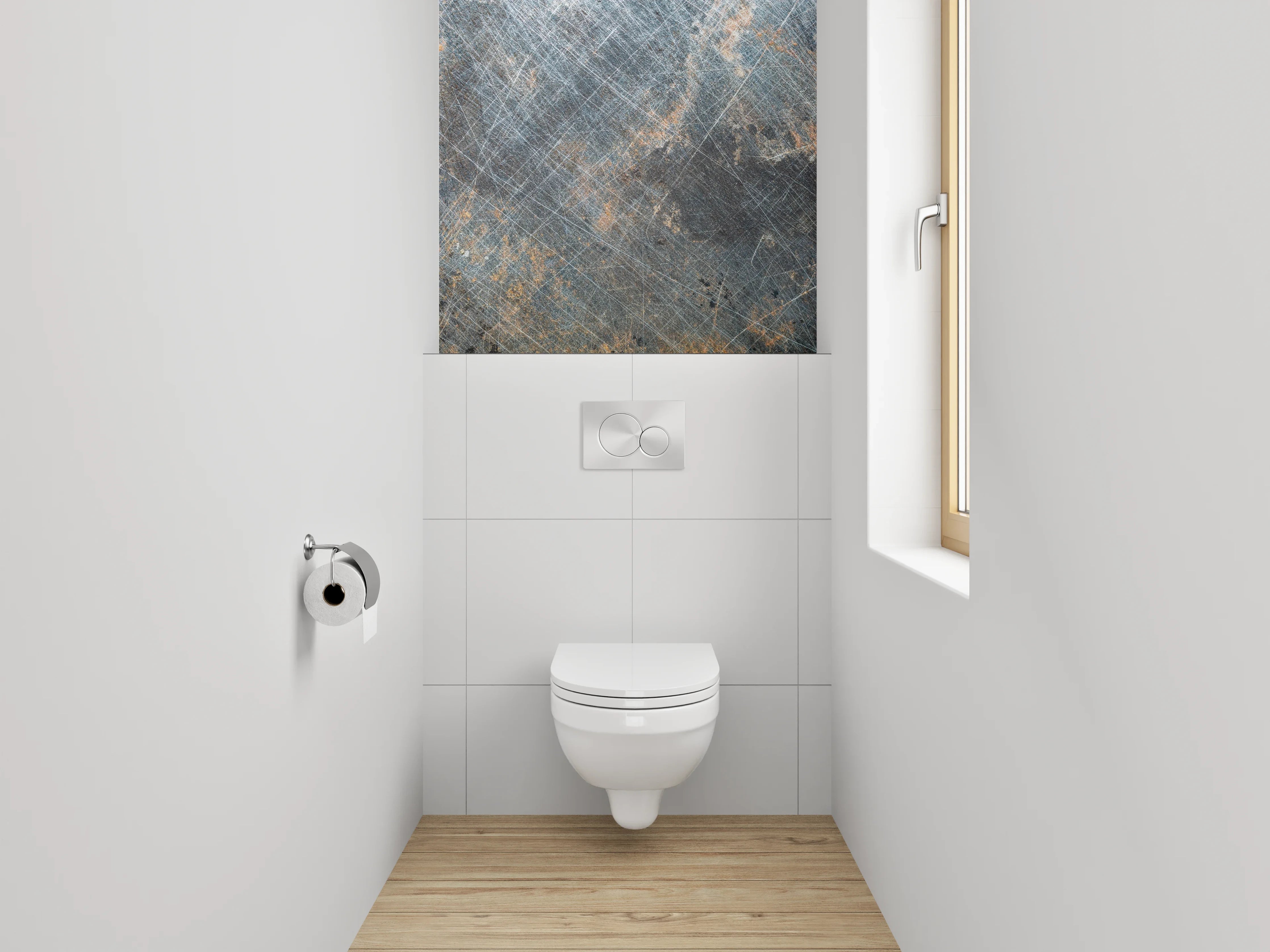 WC-Rückwand - Abgenutzte Metalloptik mit Kratzern