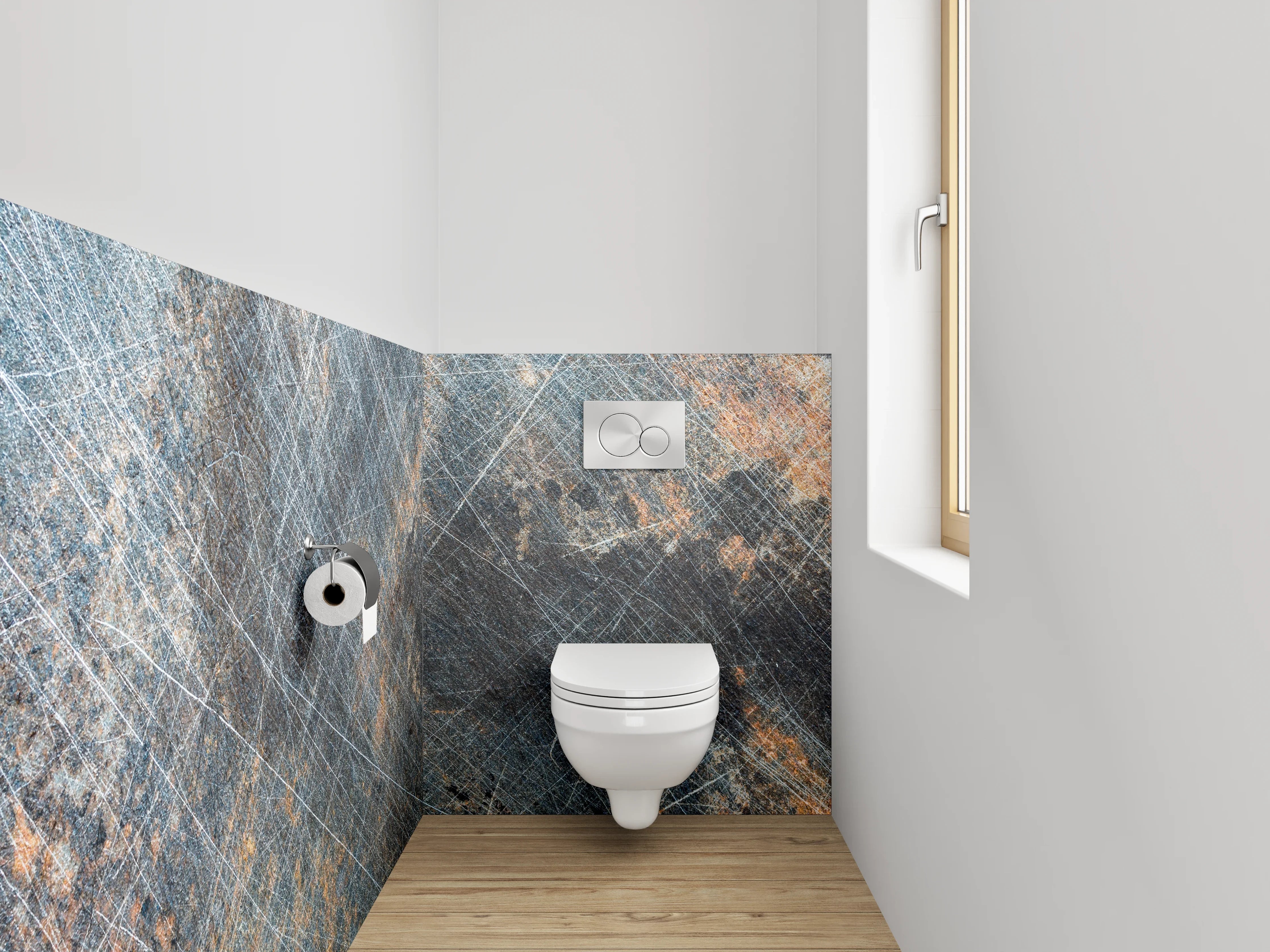 WC-Rückwand - Abgenutzte Metalloptik mit Kratzern