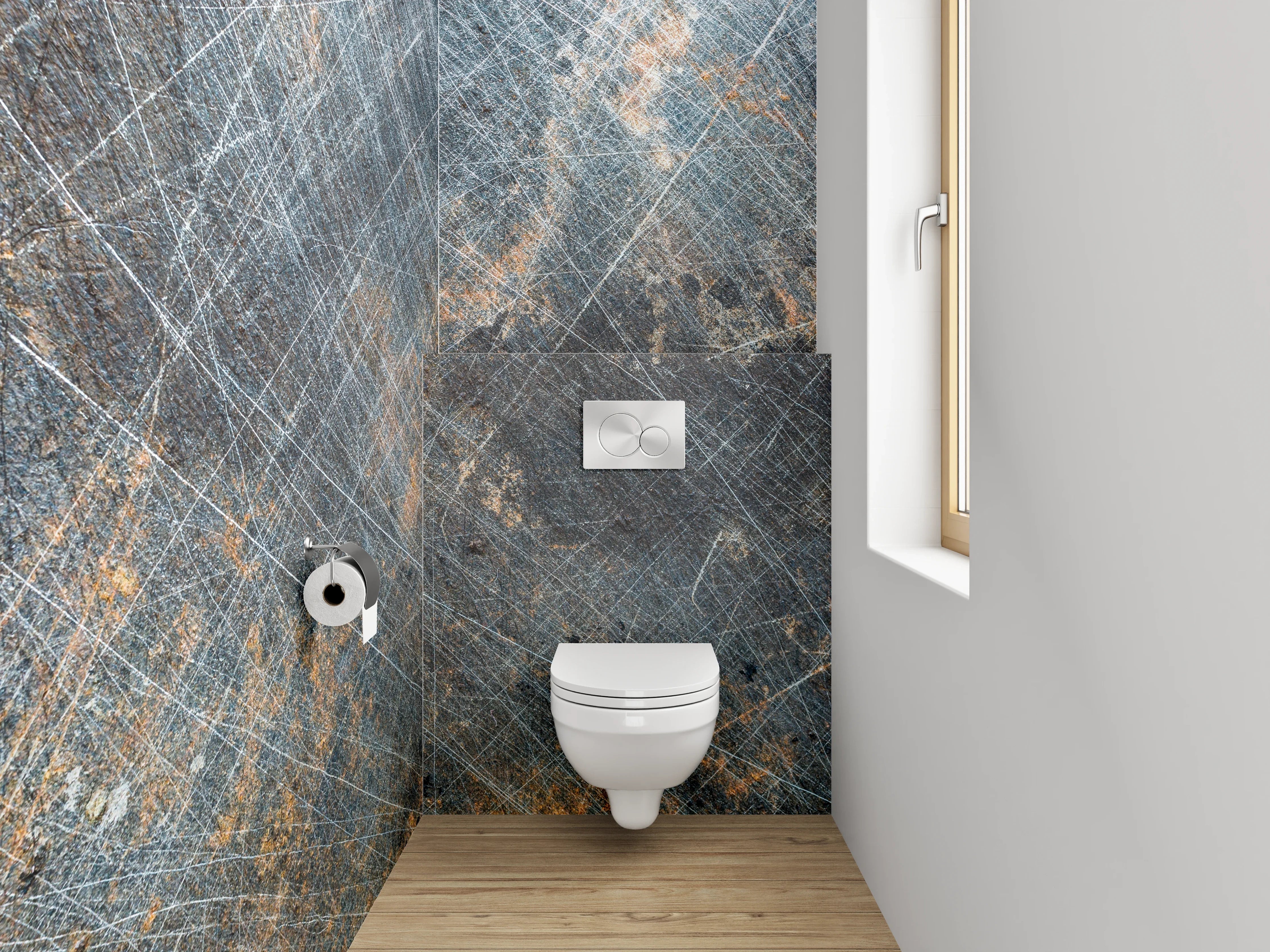 WC-Rückwand - Abgenutzte Metalloptik mit Kratzern