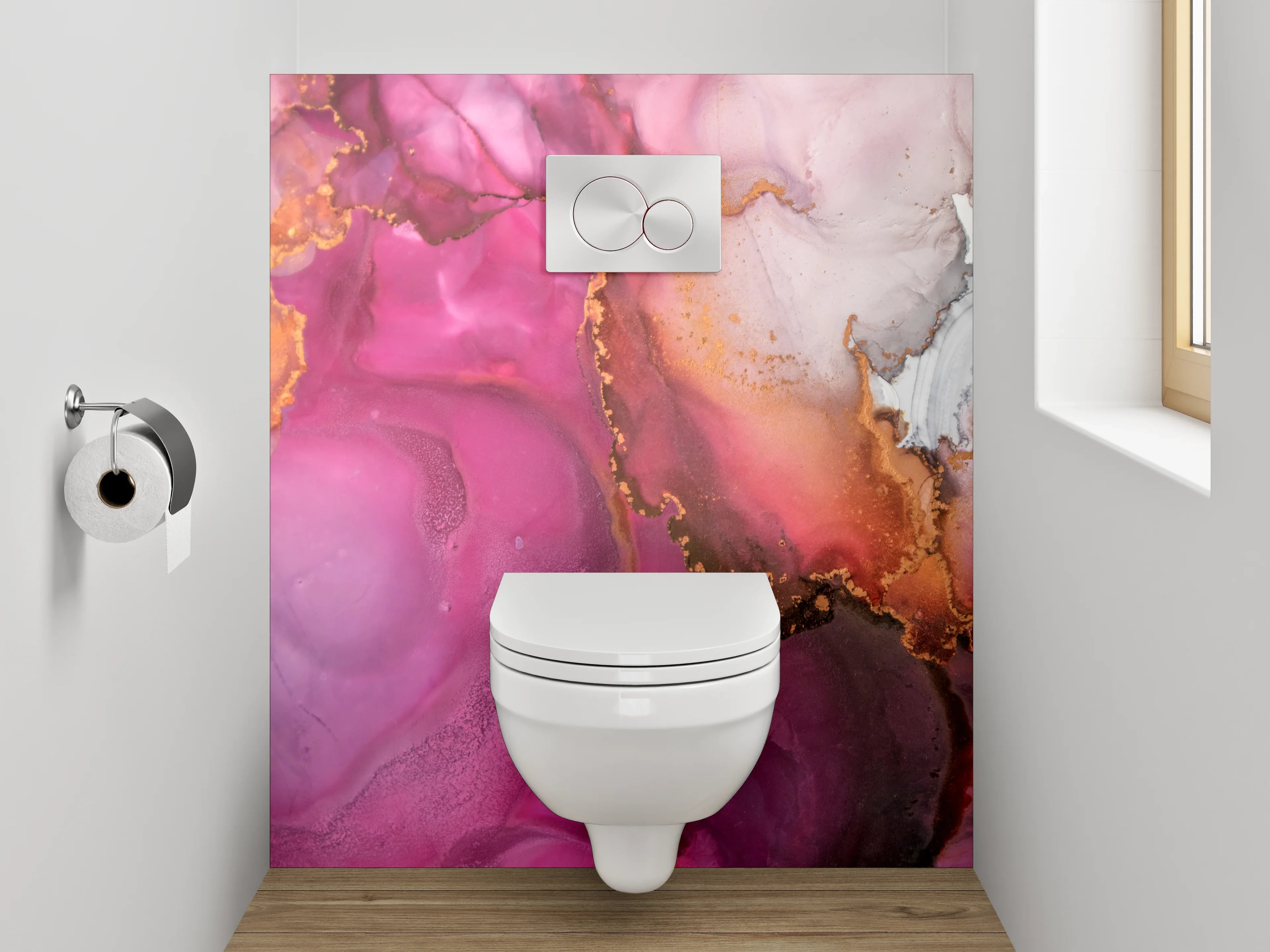 WC-Rückwand - Abstrakte Aquarell-Kunst in Pink und Gold