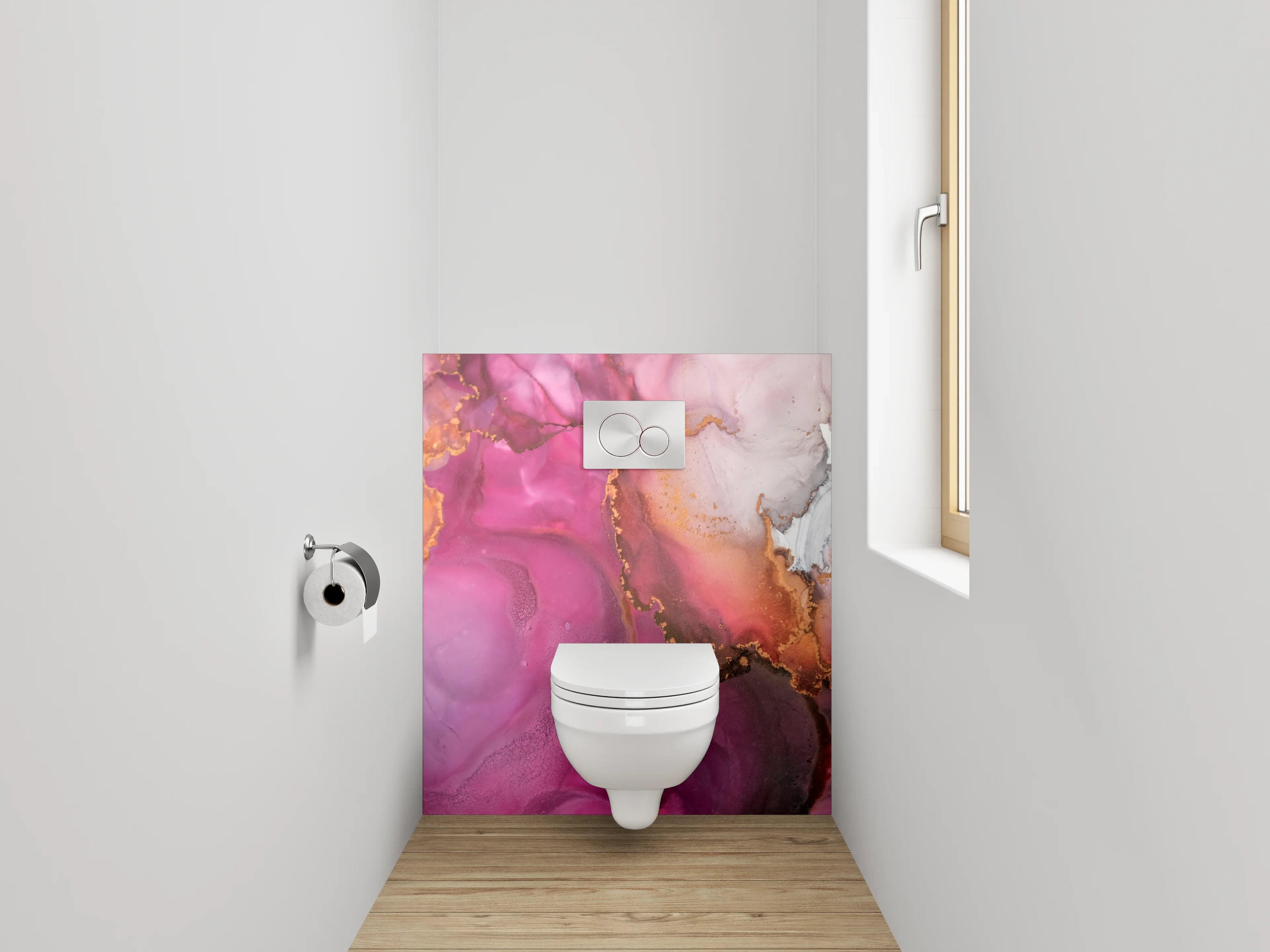 WC-Rückwand - Abstrakte Aquarell-Kunst in Pink und Gold
