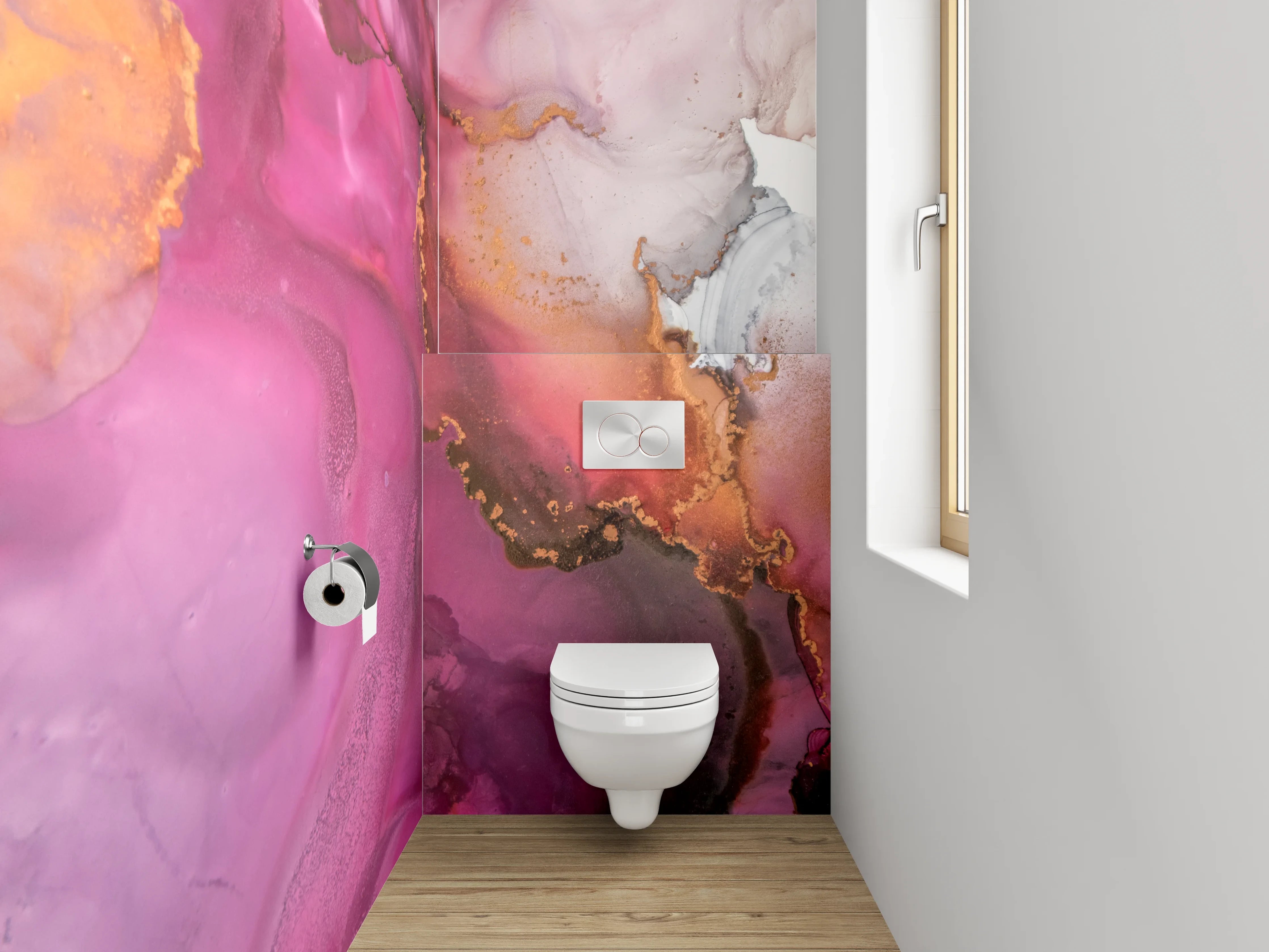 WC-Rückwand - Abstrakte Aquarell-Kunst in Pink und Gold