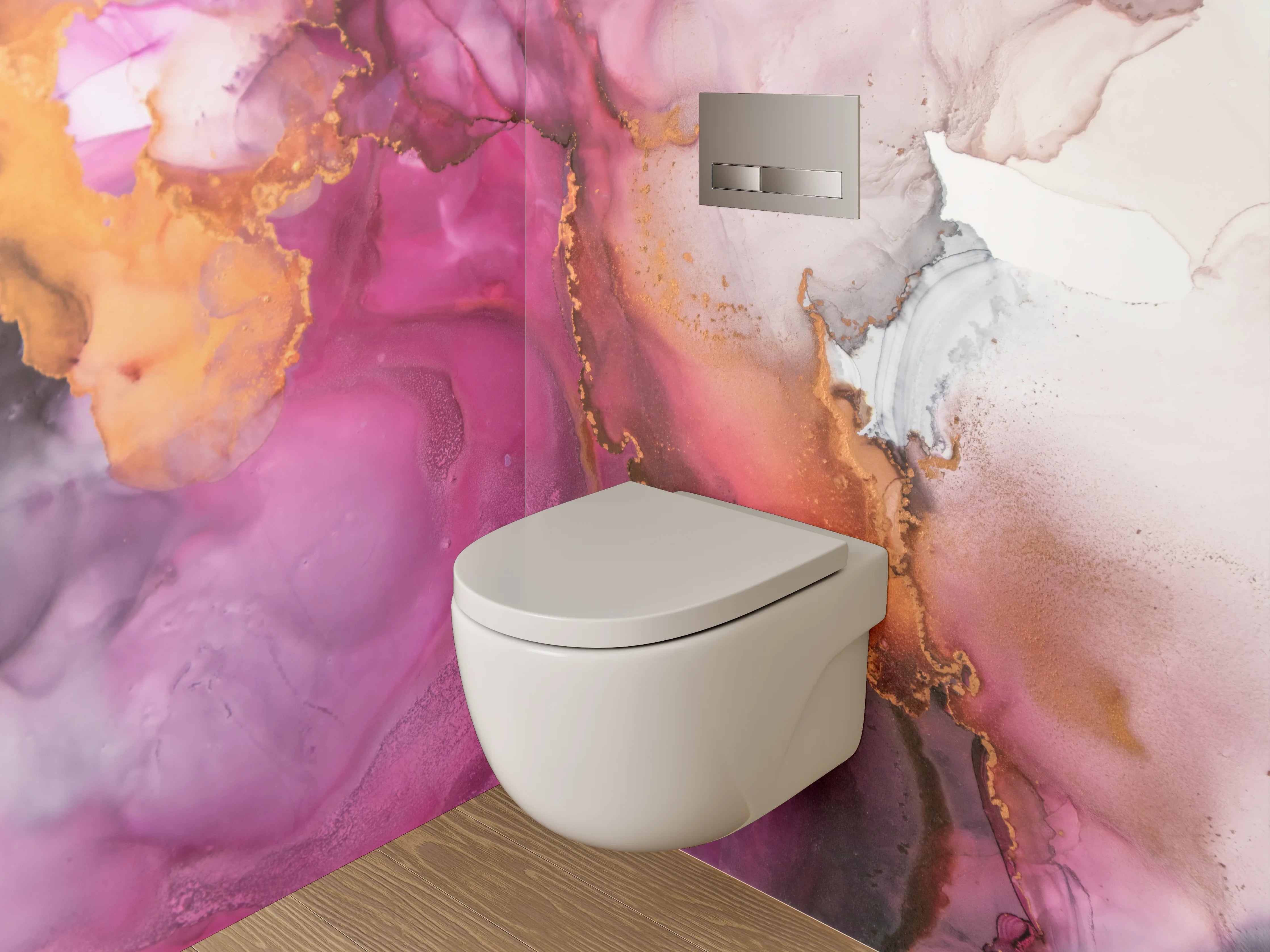 WC-Rückwand - Abstrakte Aquarell-Kunst in Pink und Gold