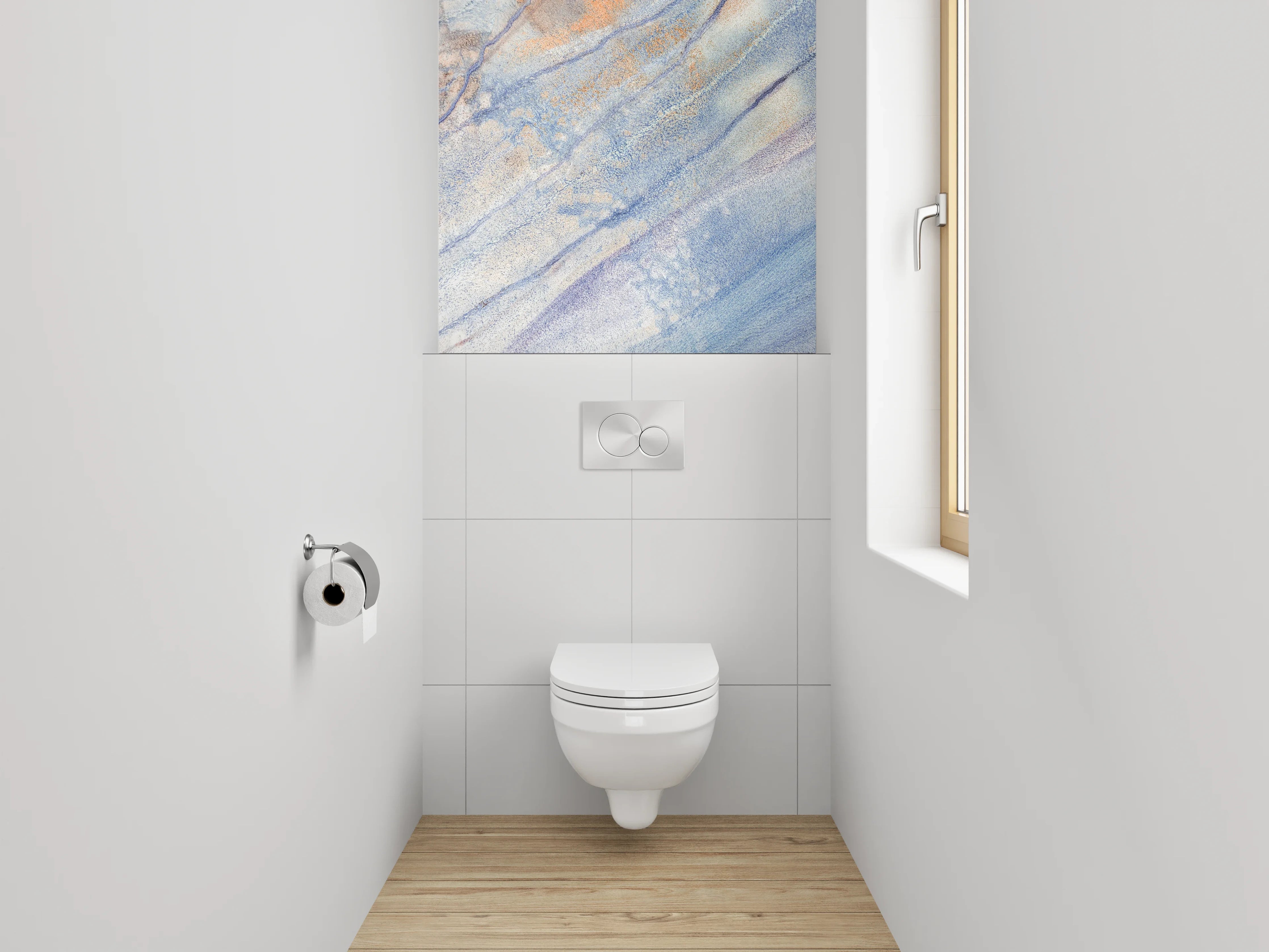 WC-Rückwand - Abstrakte Aquarell-Marmorierung in Blau und Orange