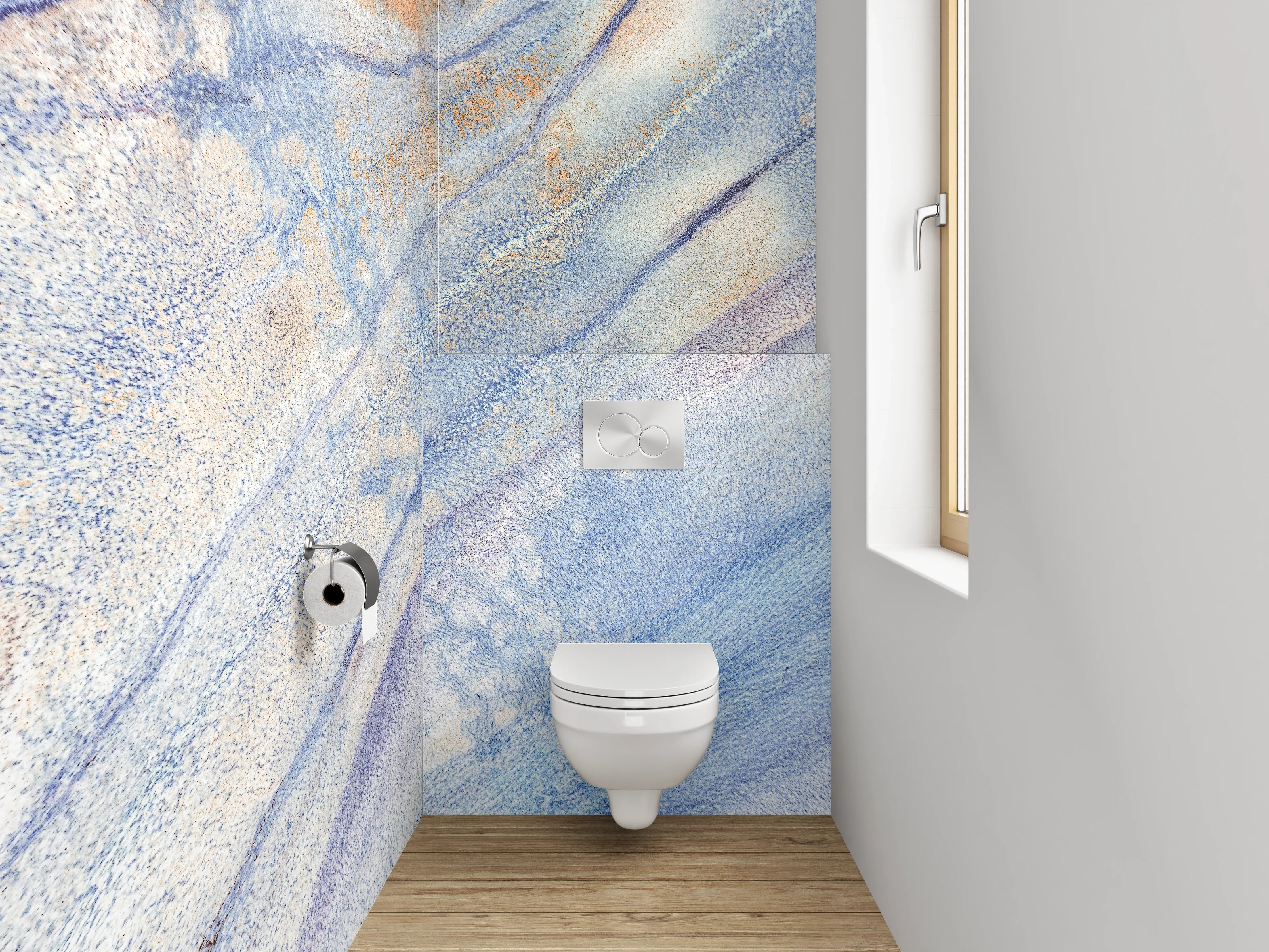 WC-Rückwand - Abstrakte Aquarell-Marmorierung in Blau und Orange