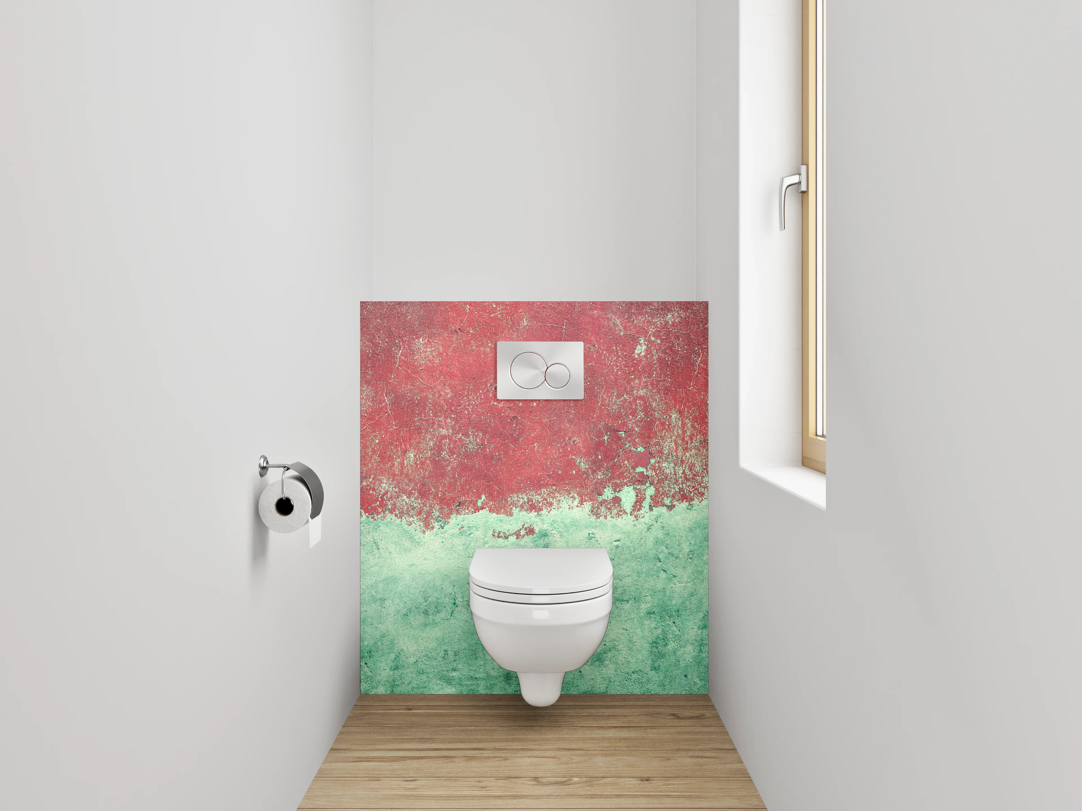 WC-Rückwand - Abstrakte Aquarell-Optik in Rot und Türkis