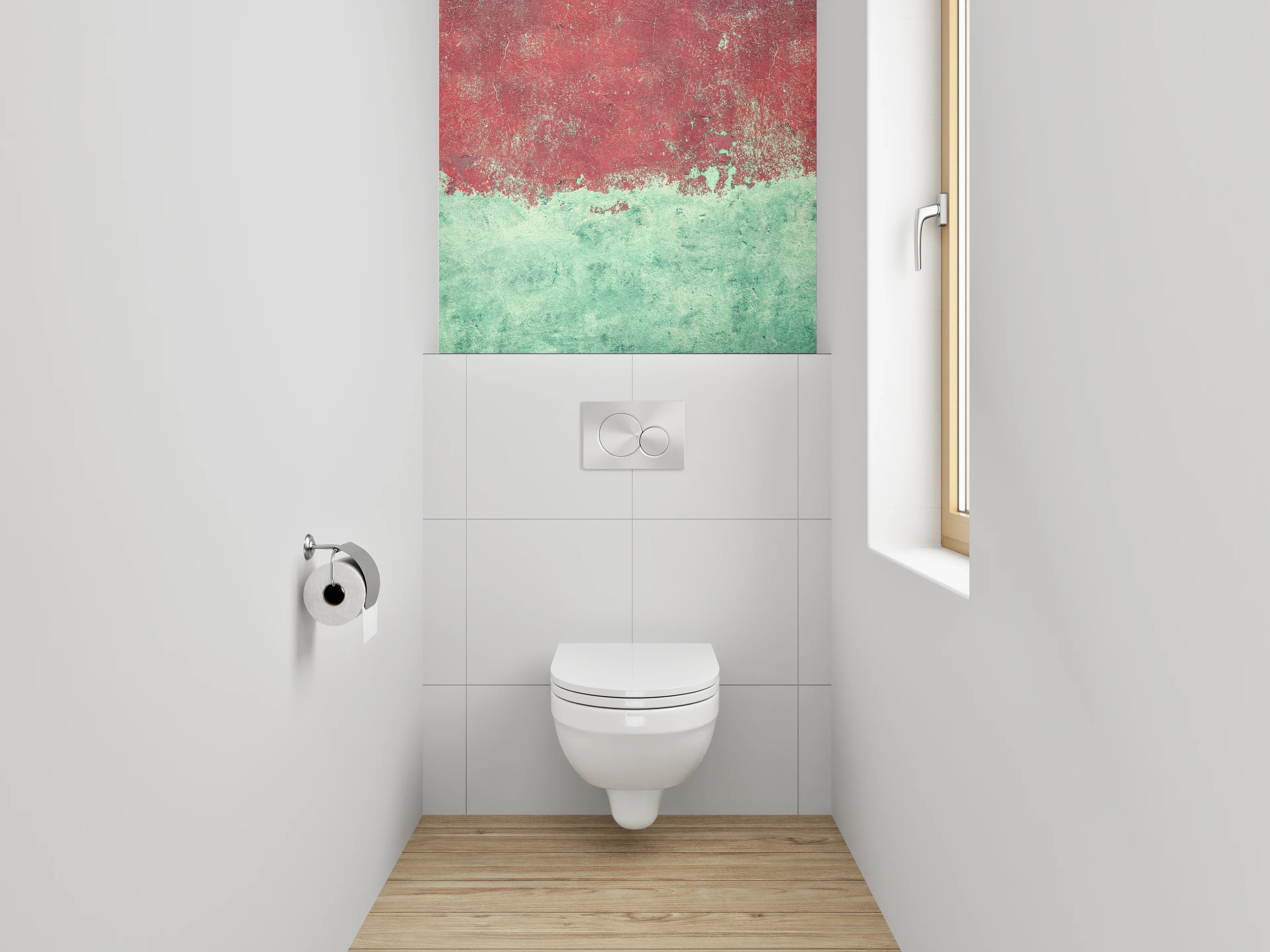 WC-Rückwand - Abstrakte Aquarell-Optik in Rot und Türkis