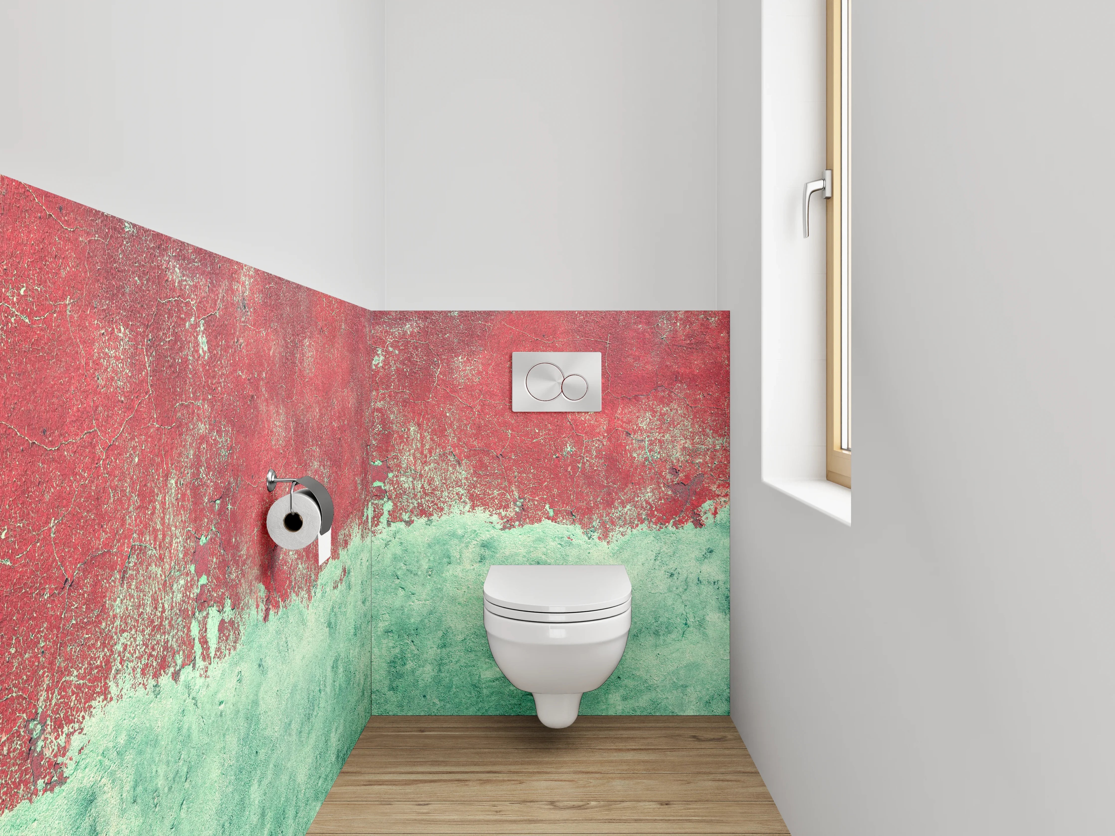 WC-Rückwand - Abstrakte Aquarell-Optik in Rot und Türkis