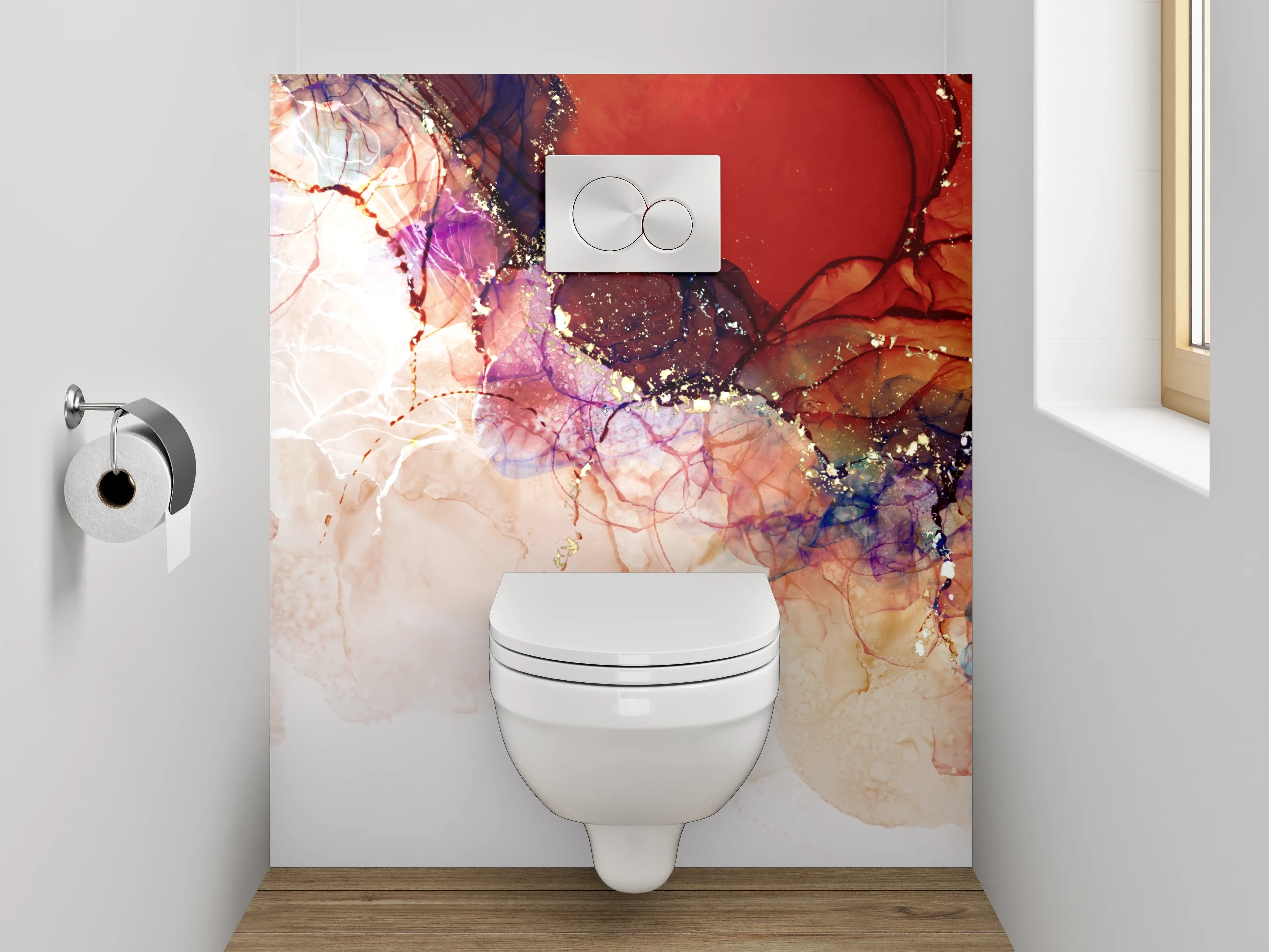 WC-Rückwand - Abstrakte Aquarellfarben mit Goldakzenten