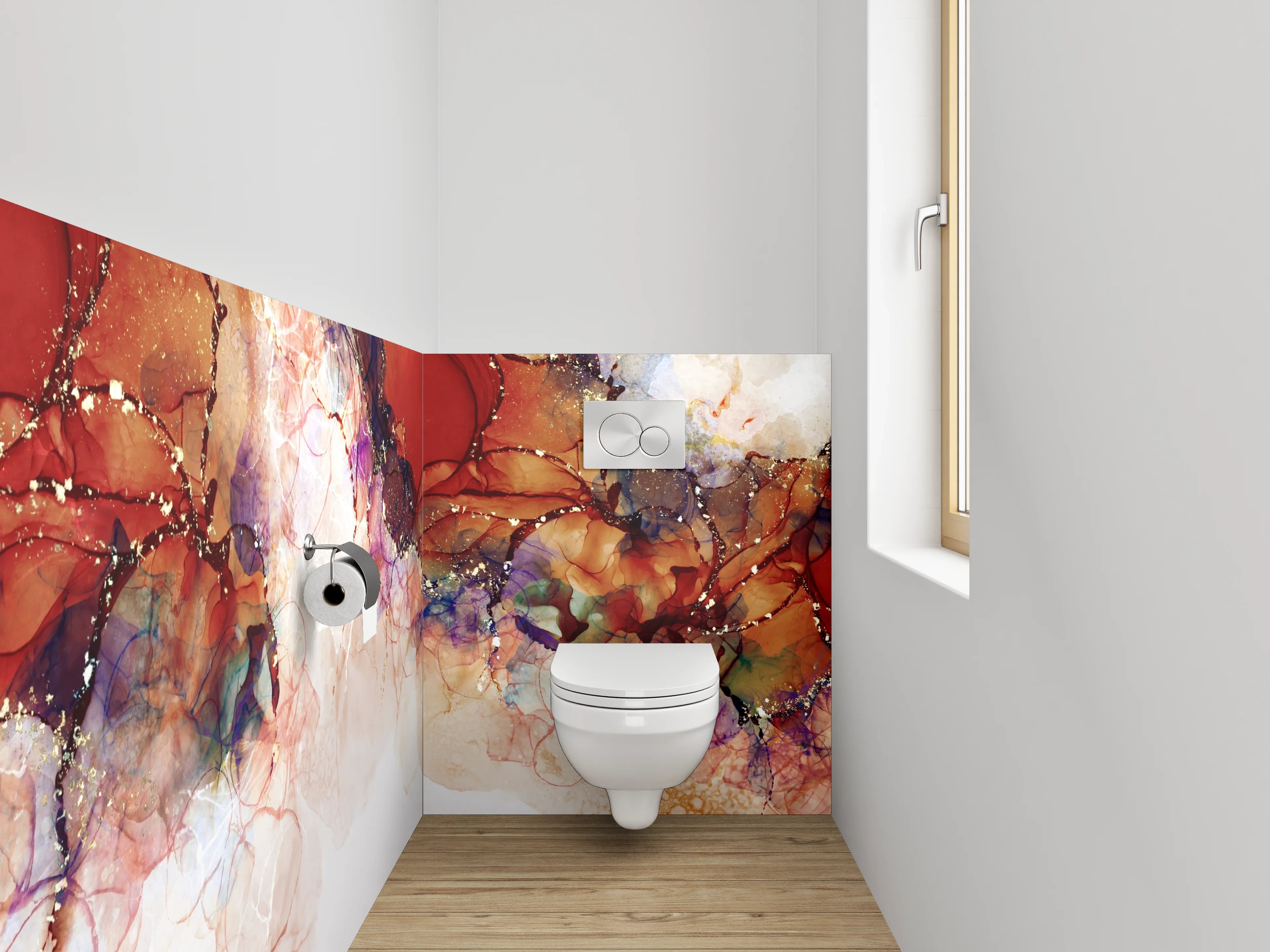 WC-Rückwand - Abstrakte Aquarellfarben mit Goldakzenten