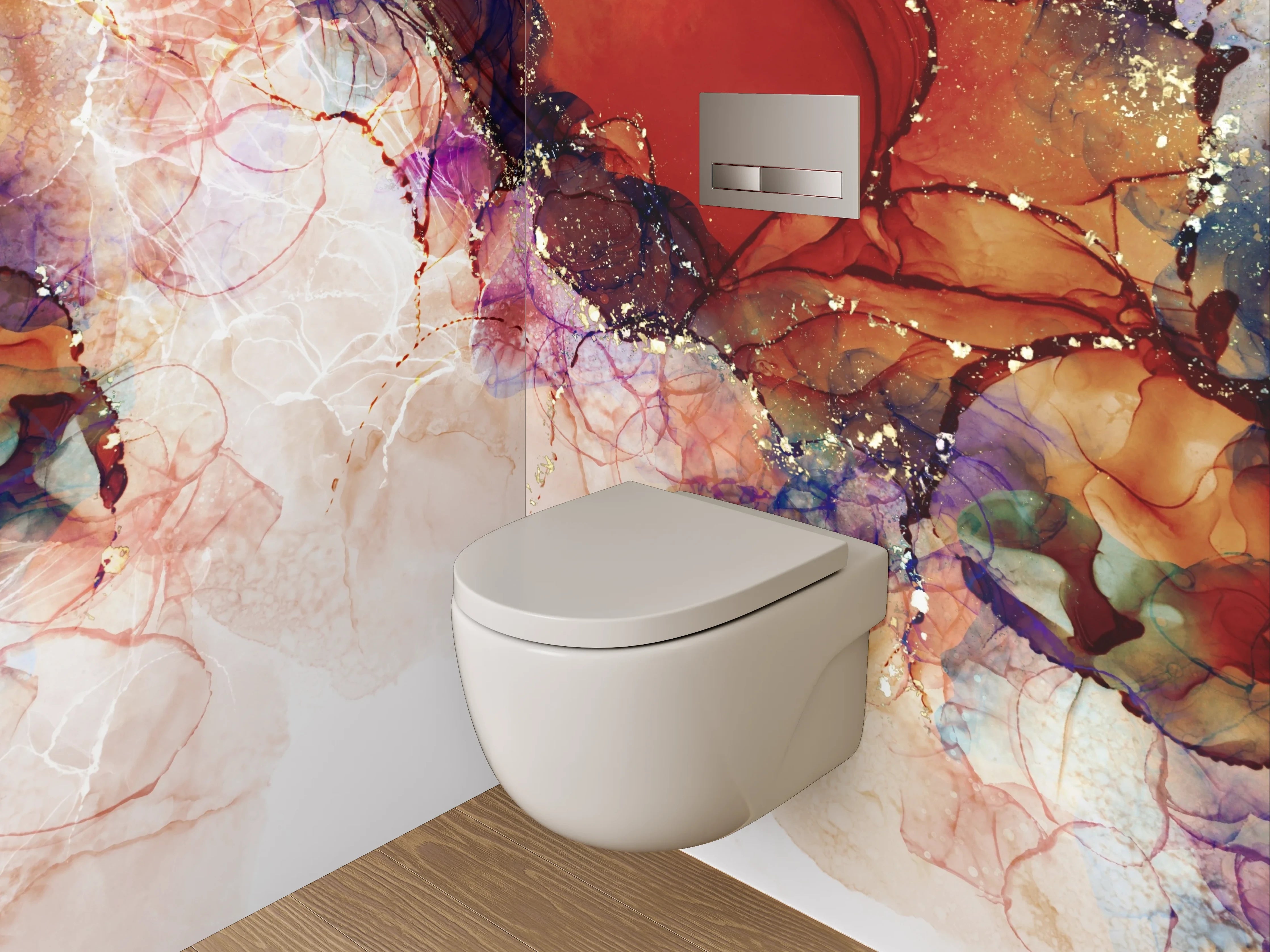WC-Rückwand - Abstrakte Aquarellfarben mit Goldakzenten