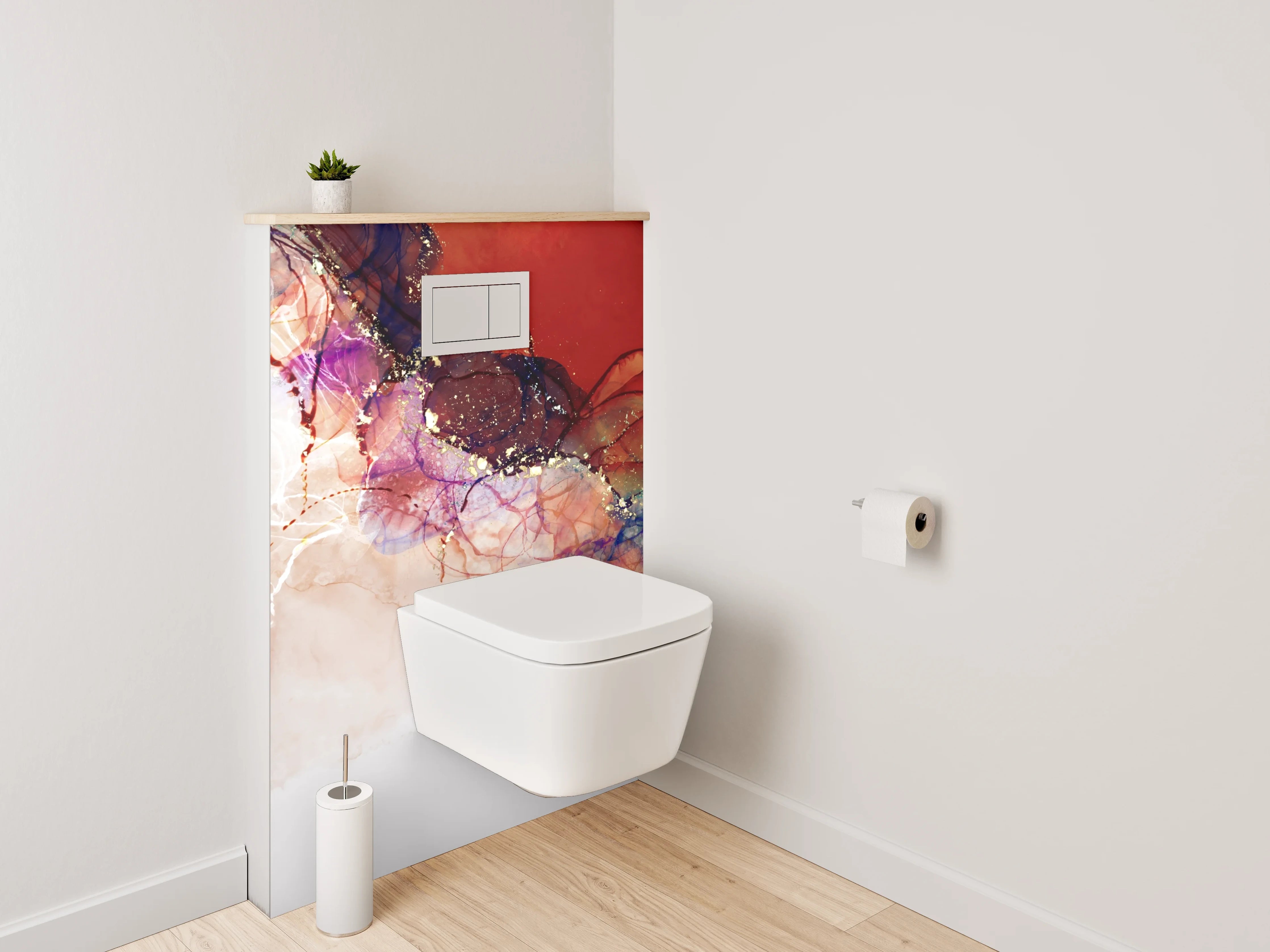 WC-Rückwand - Abstrakte Aquarellfarben mit Goldakzenten