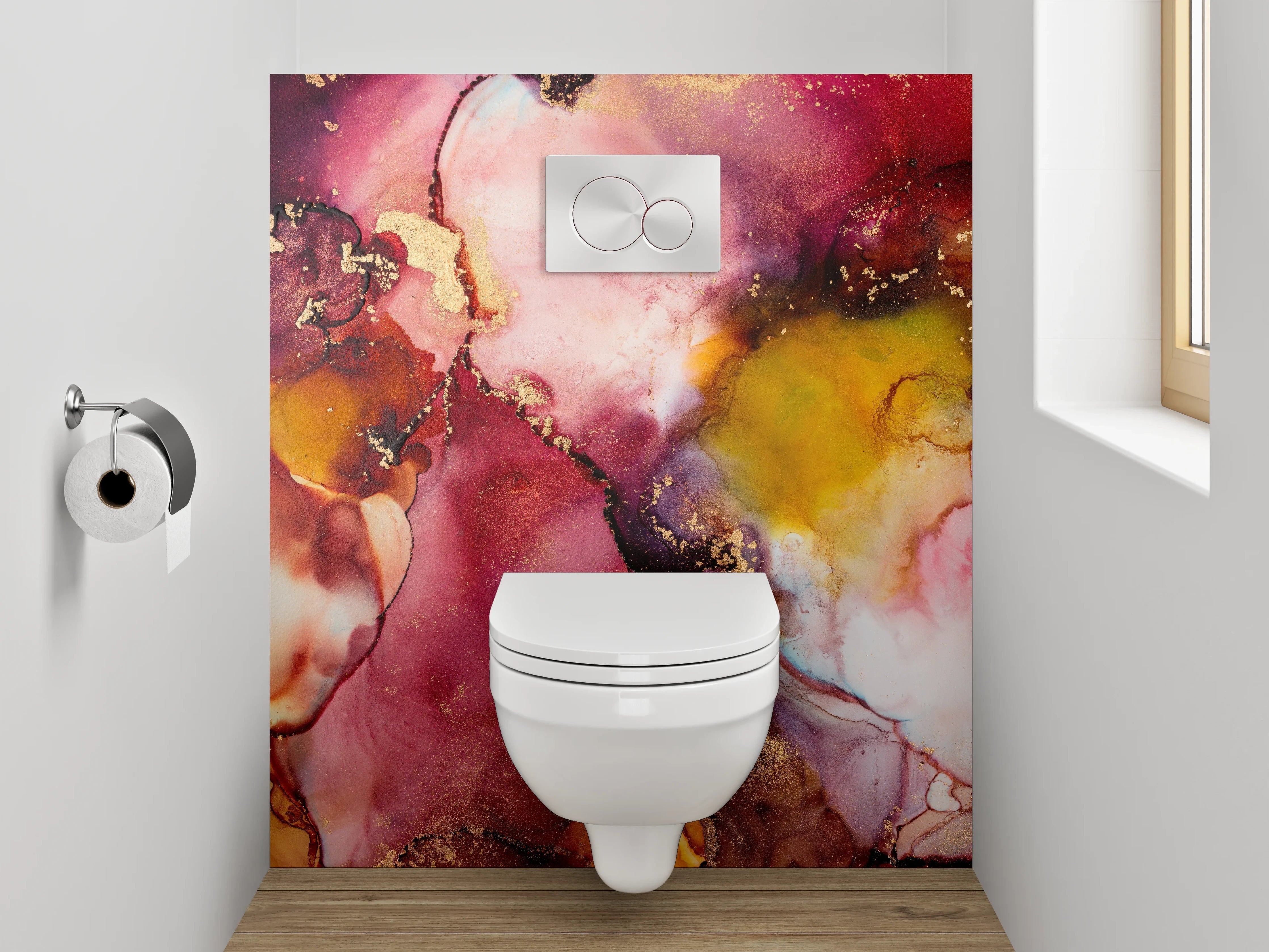 WC-Rückwand - Abstrakte Aquarellkunst in Rot und Gold