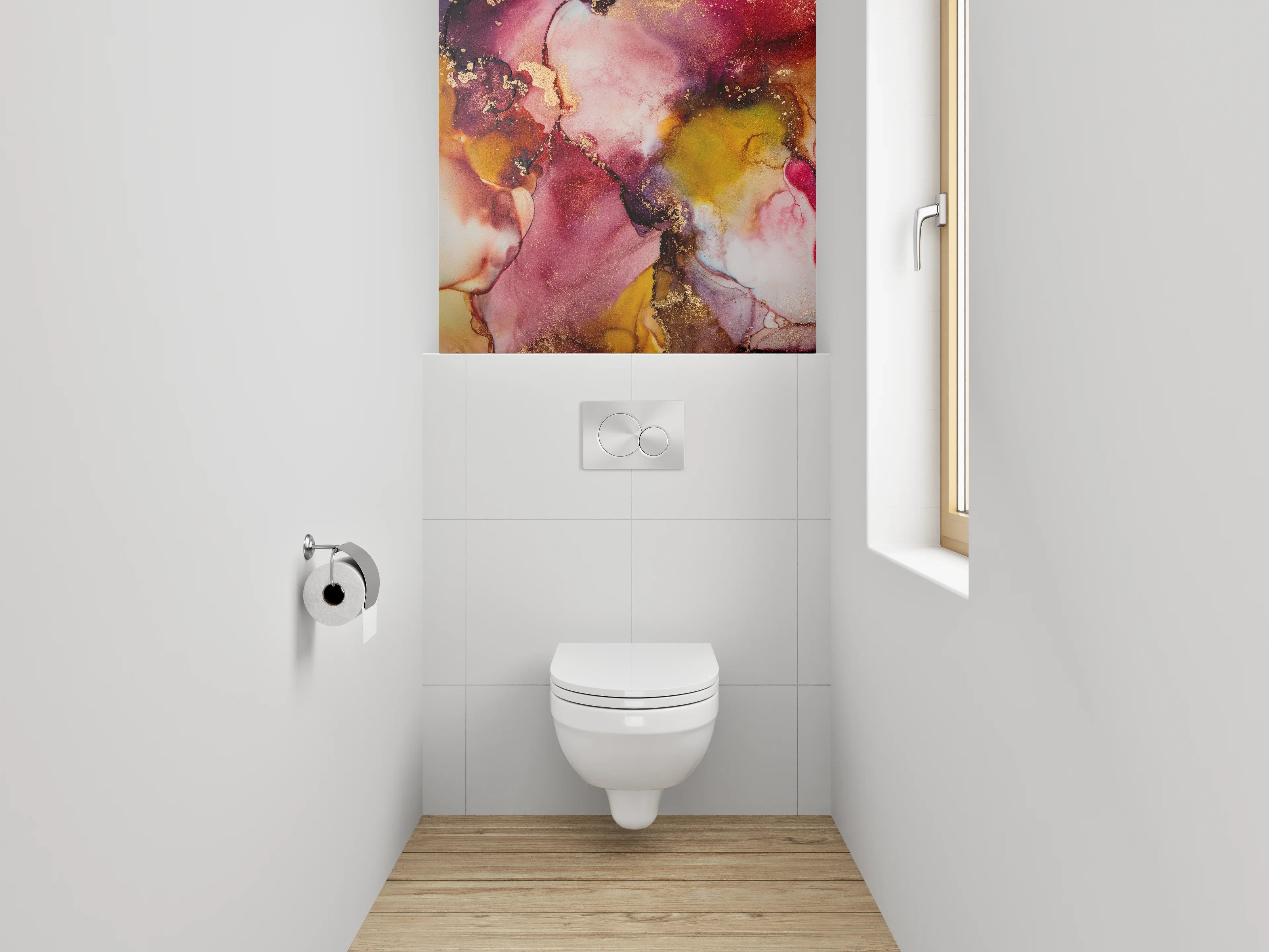 WC-Rückwand - Abstrakte Aquarellkunst in Rot und Gold