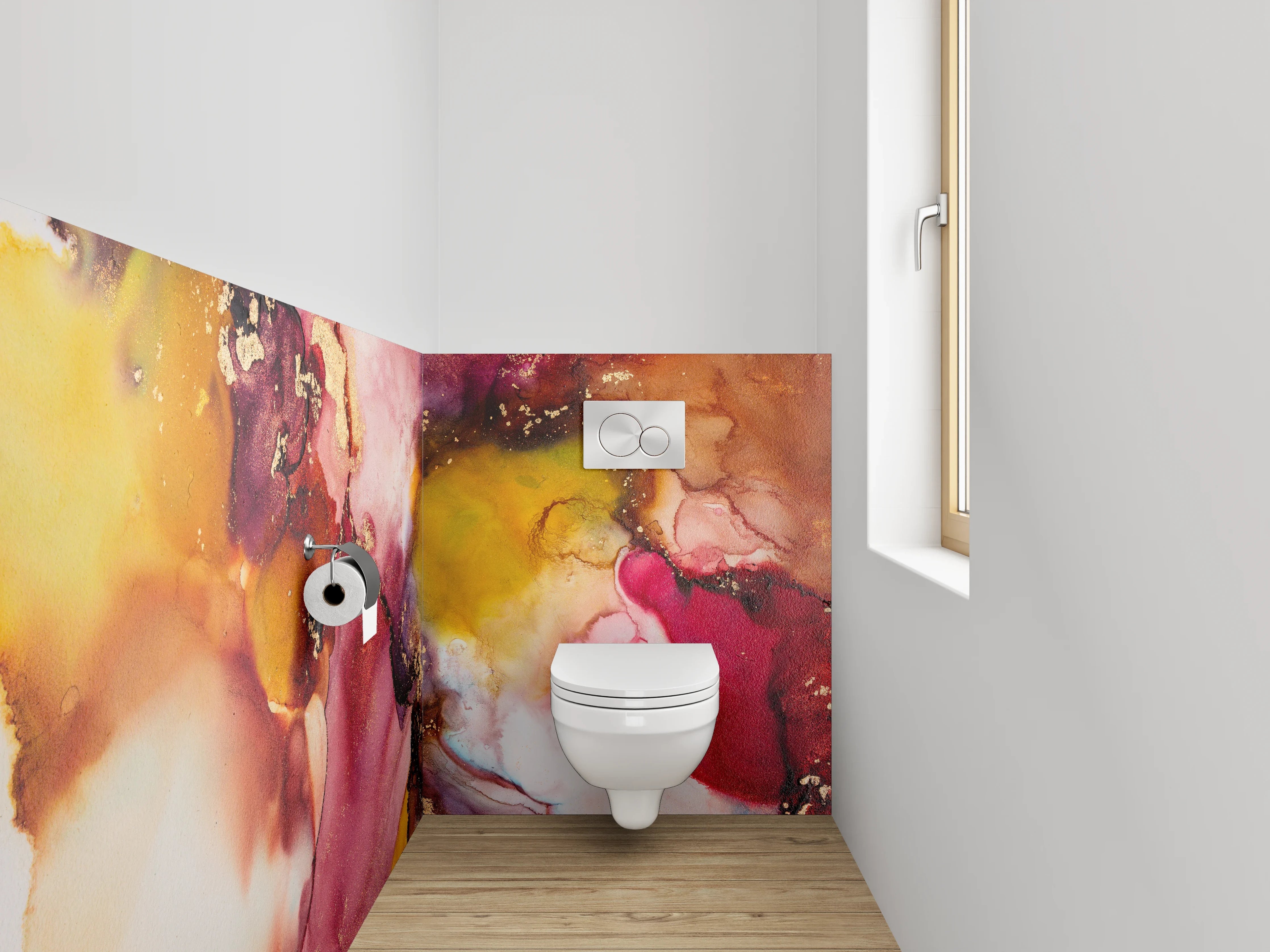 WC-Rückwand - Abstrakte Aquarellkunst in Rot und Gold