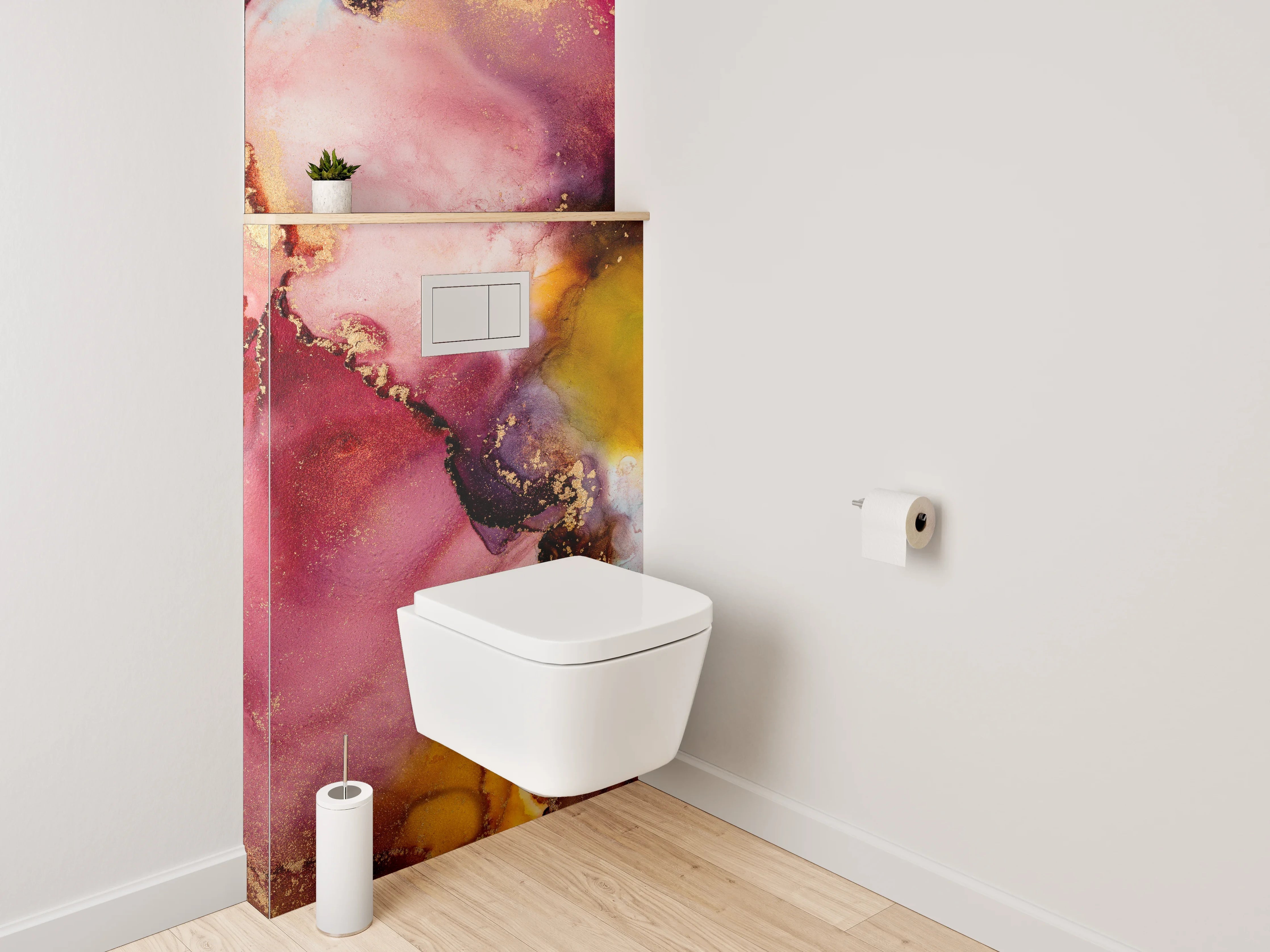 WC-Rückwand - Abstrakte Aquarellkunst in Rot und Gold